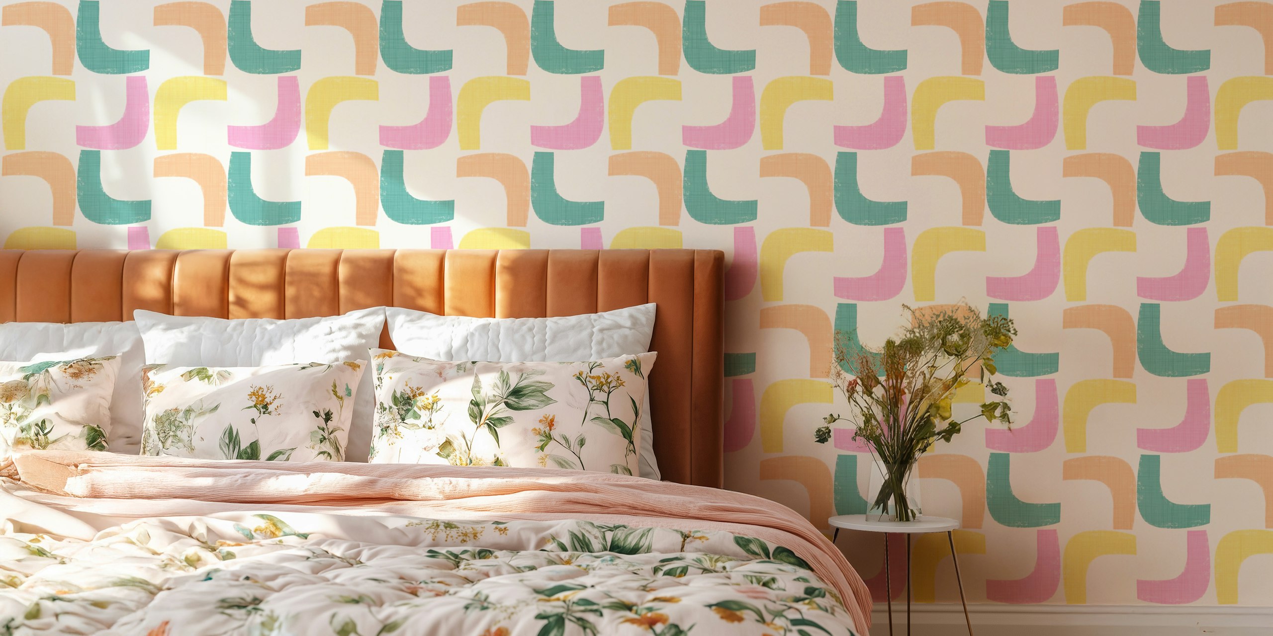 Pastel geometric shapes in pink, blue, yellow, and orange wallpaper