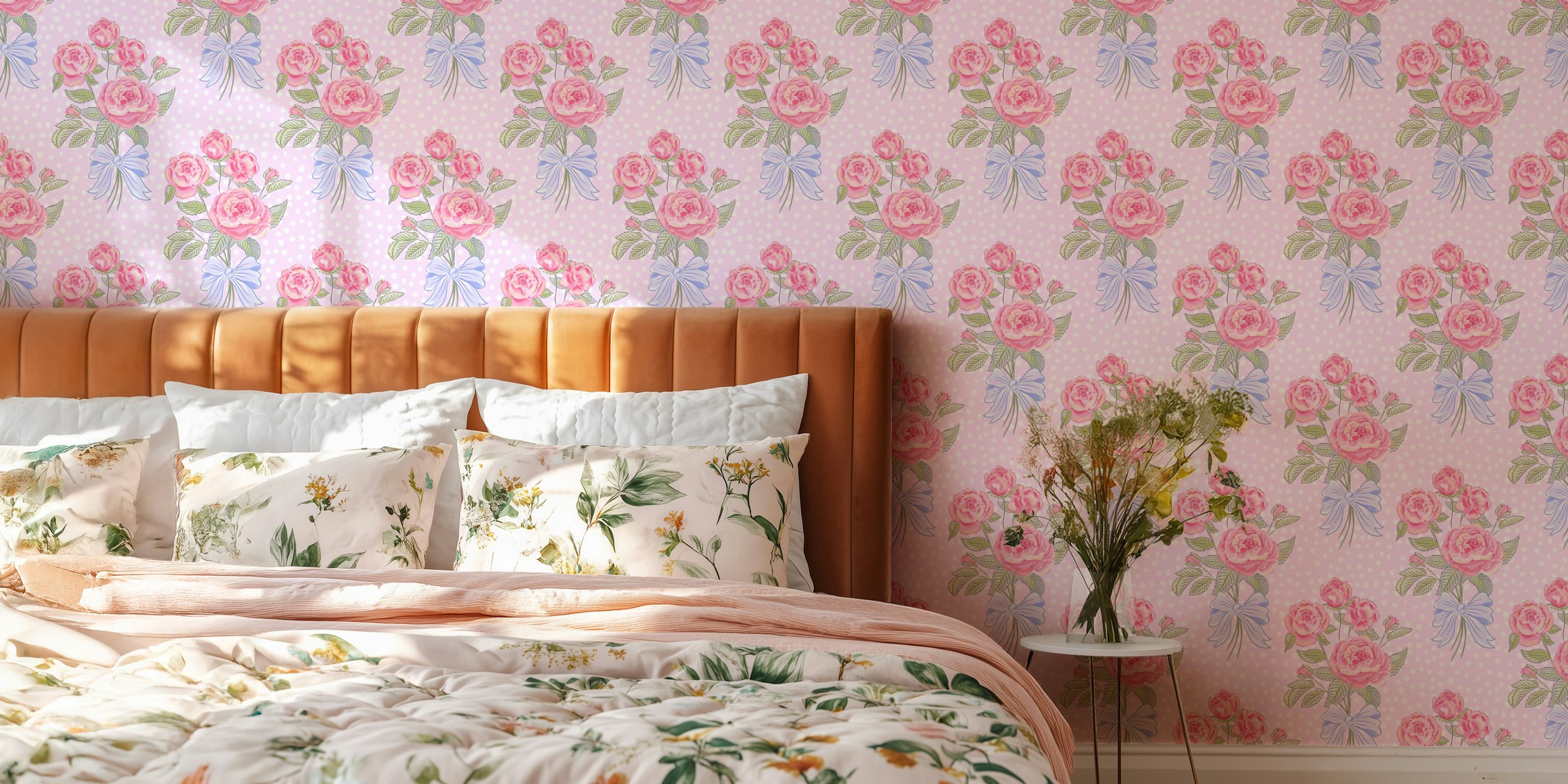Rosy floral pattern with blue ribbons on soft lavender wallpaper