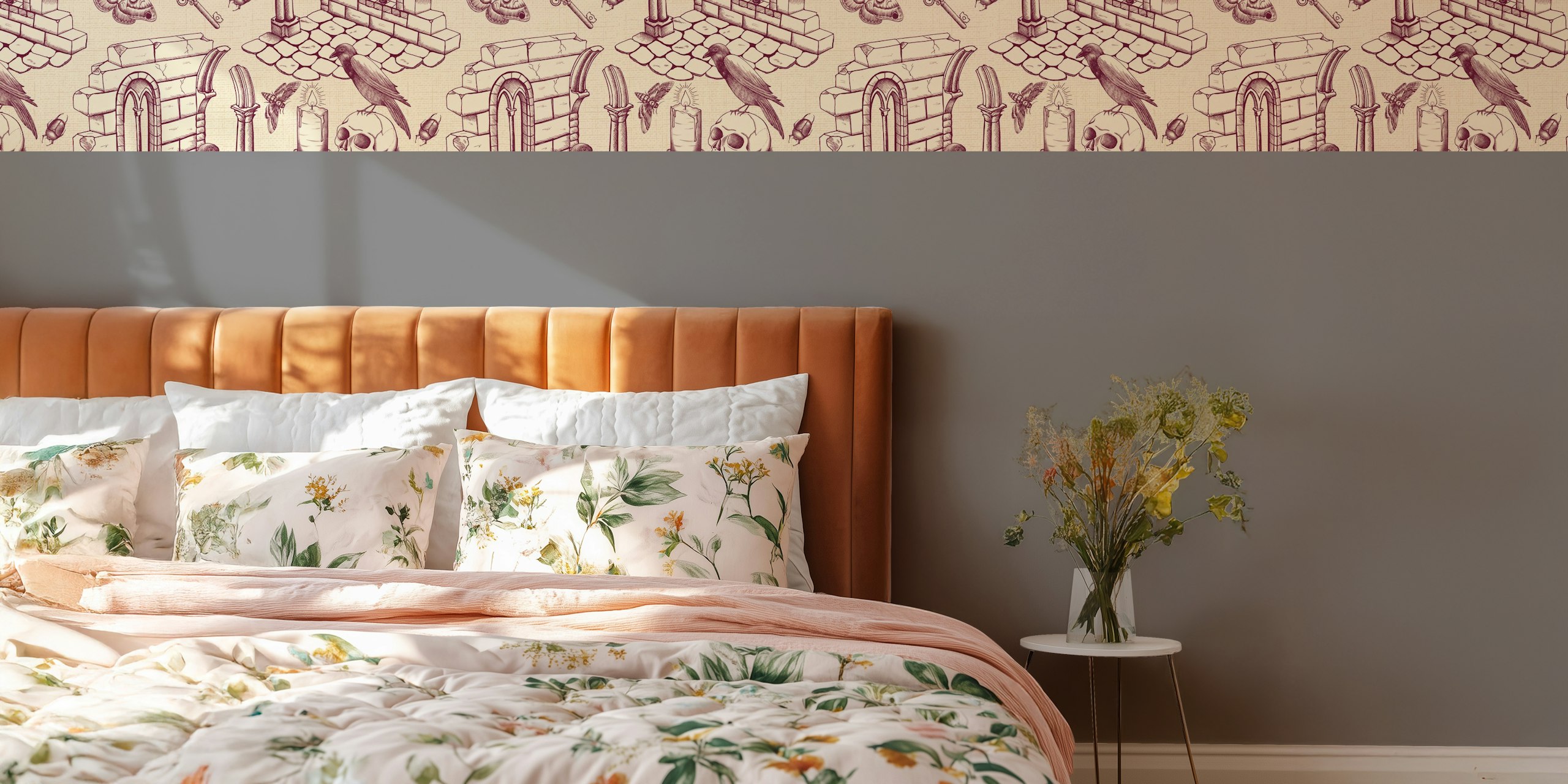 Burgundy Dark Academia Toile de Jouy wallpaper in a room
