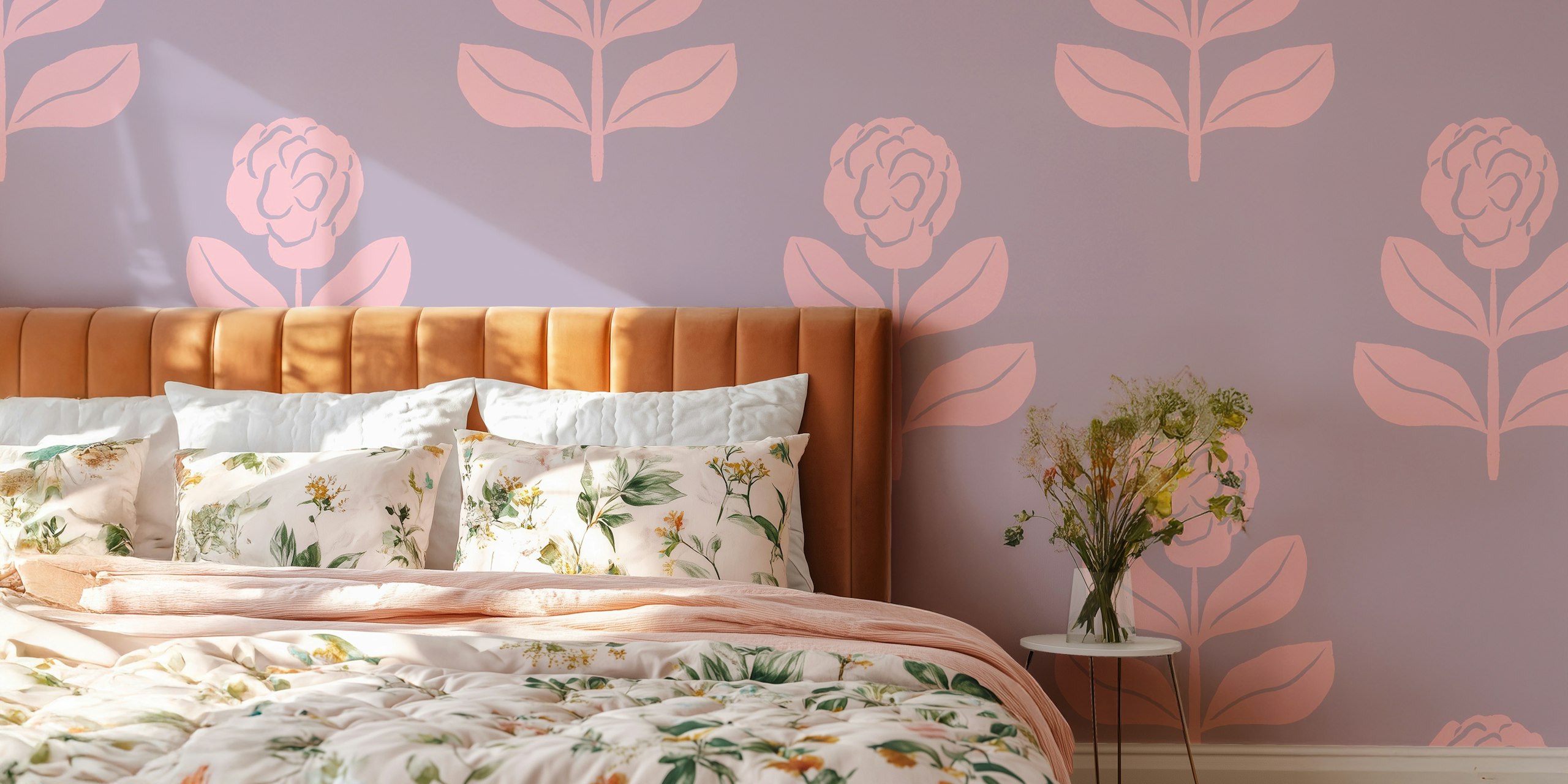 Camilla Flower in Pink on Violet Purple wallpaper in a room