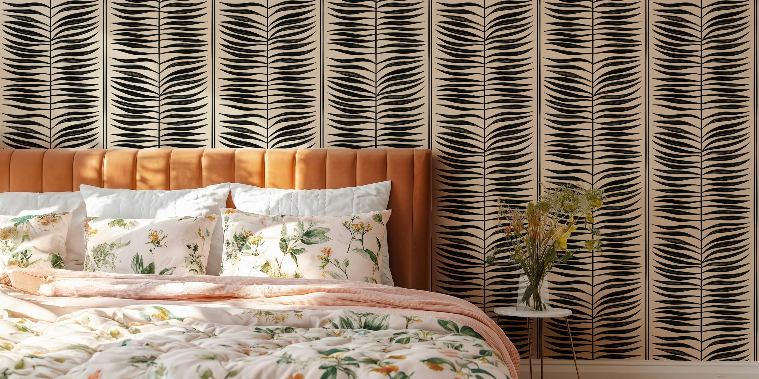 Black and cream palm leaf stripes wallpaper