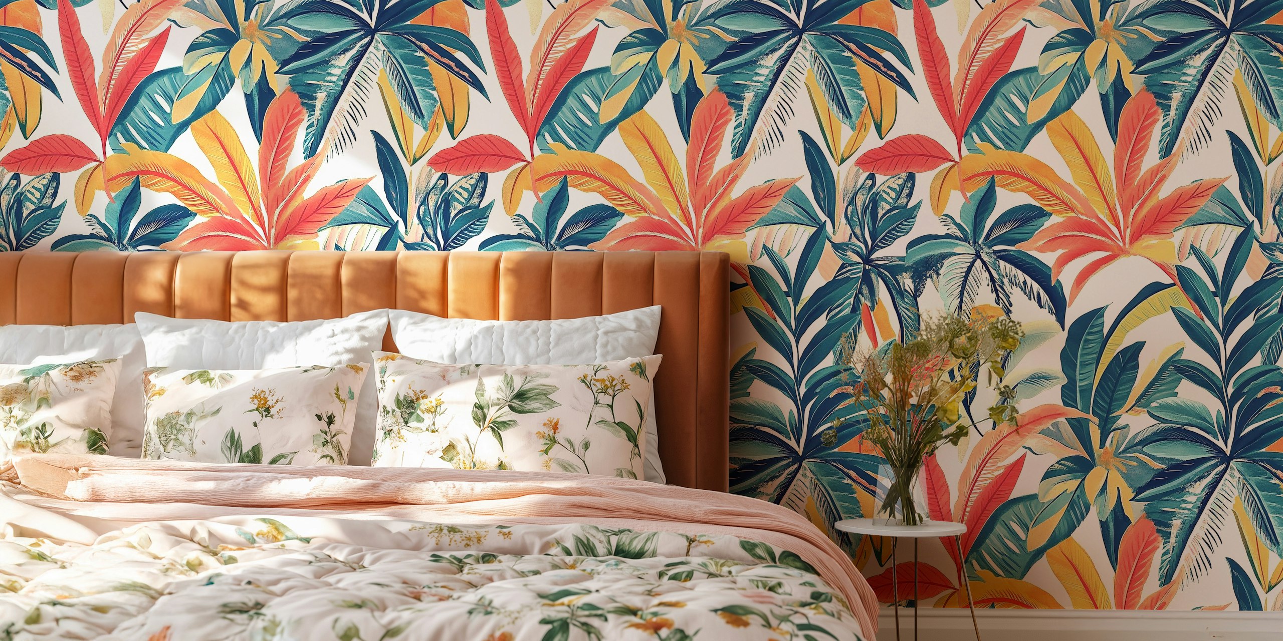 Colorful tropical leaves in red, green, and yellow wallpaper