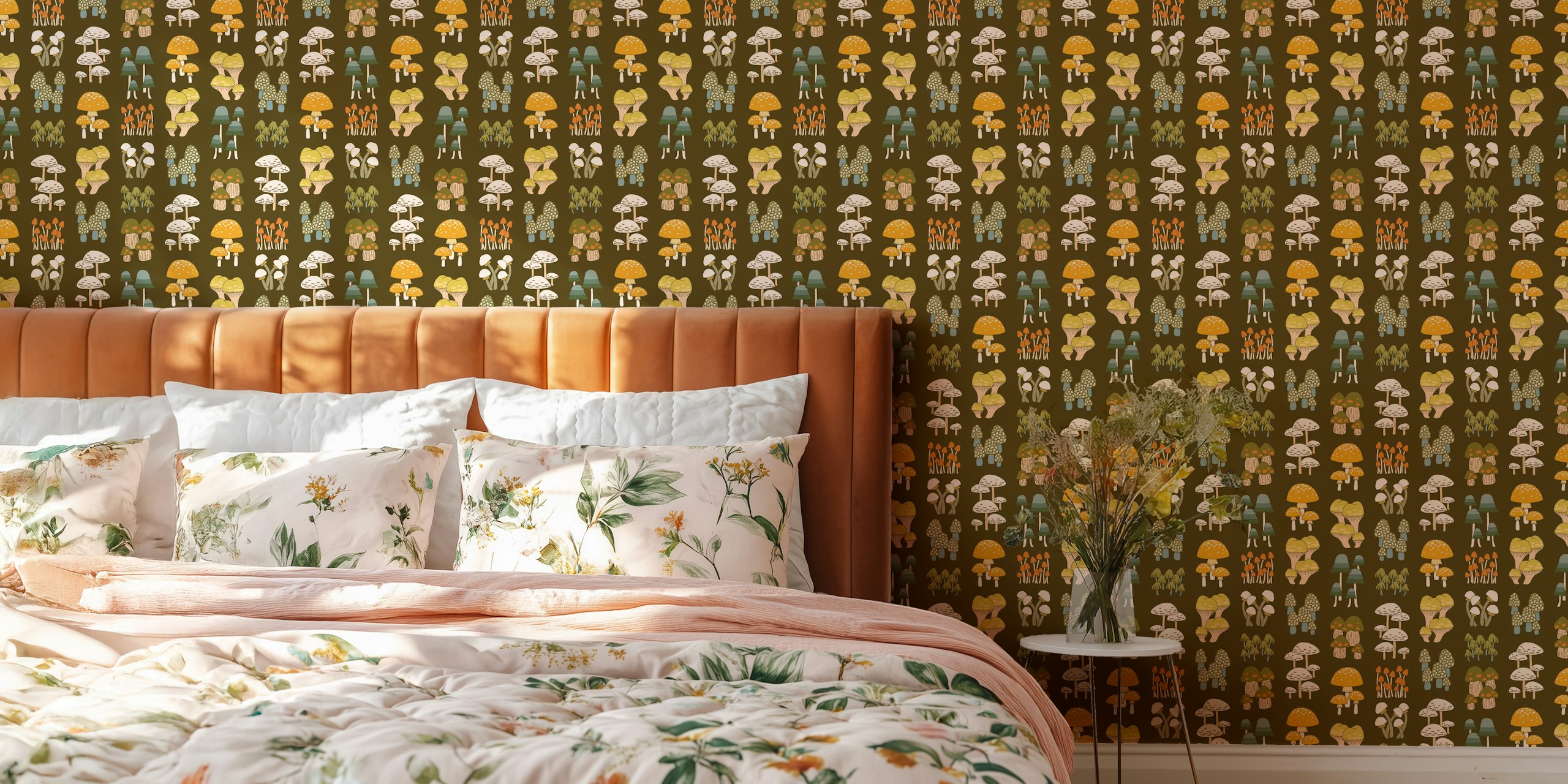 Mushroom and tree pattern in olive green wallpaper