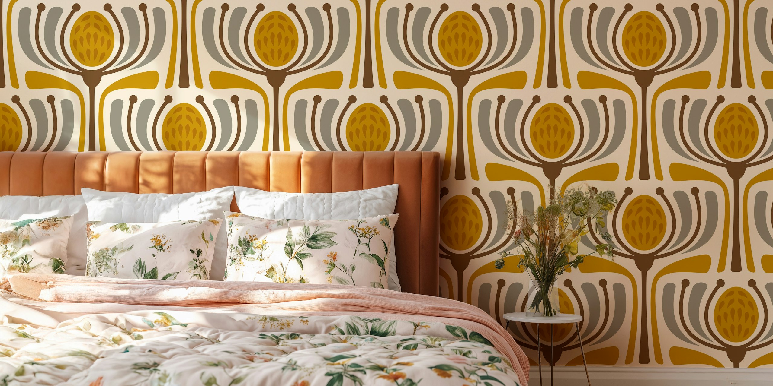 Mid-Century Modern Bloom in Yellow tapet i ett rum