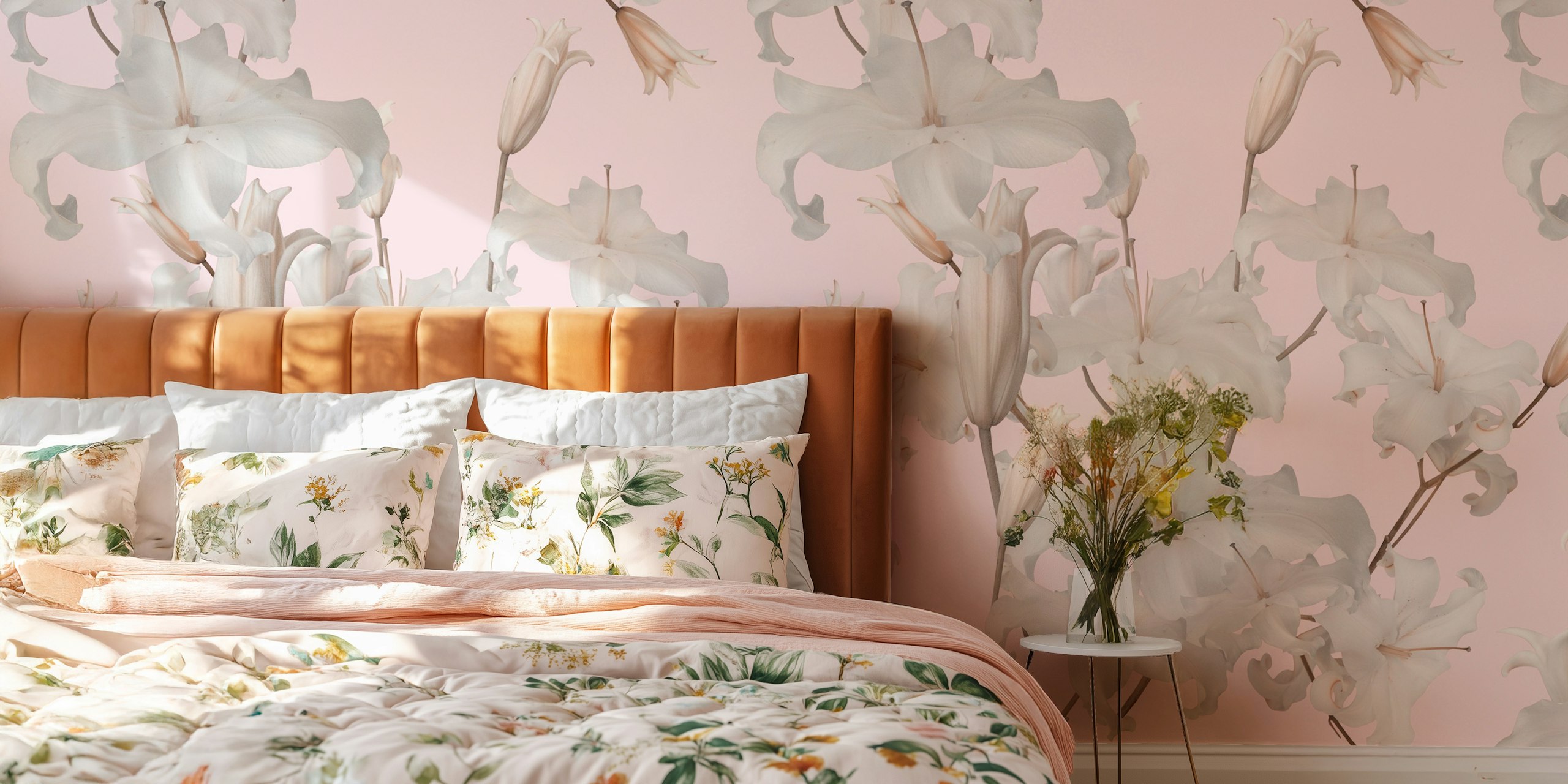 White lilies on pink background wallpaper