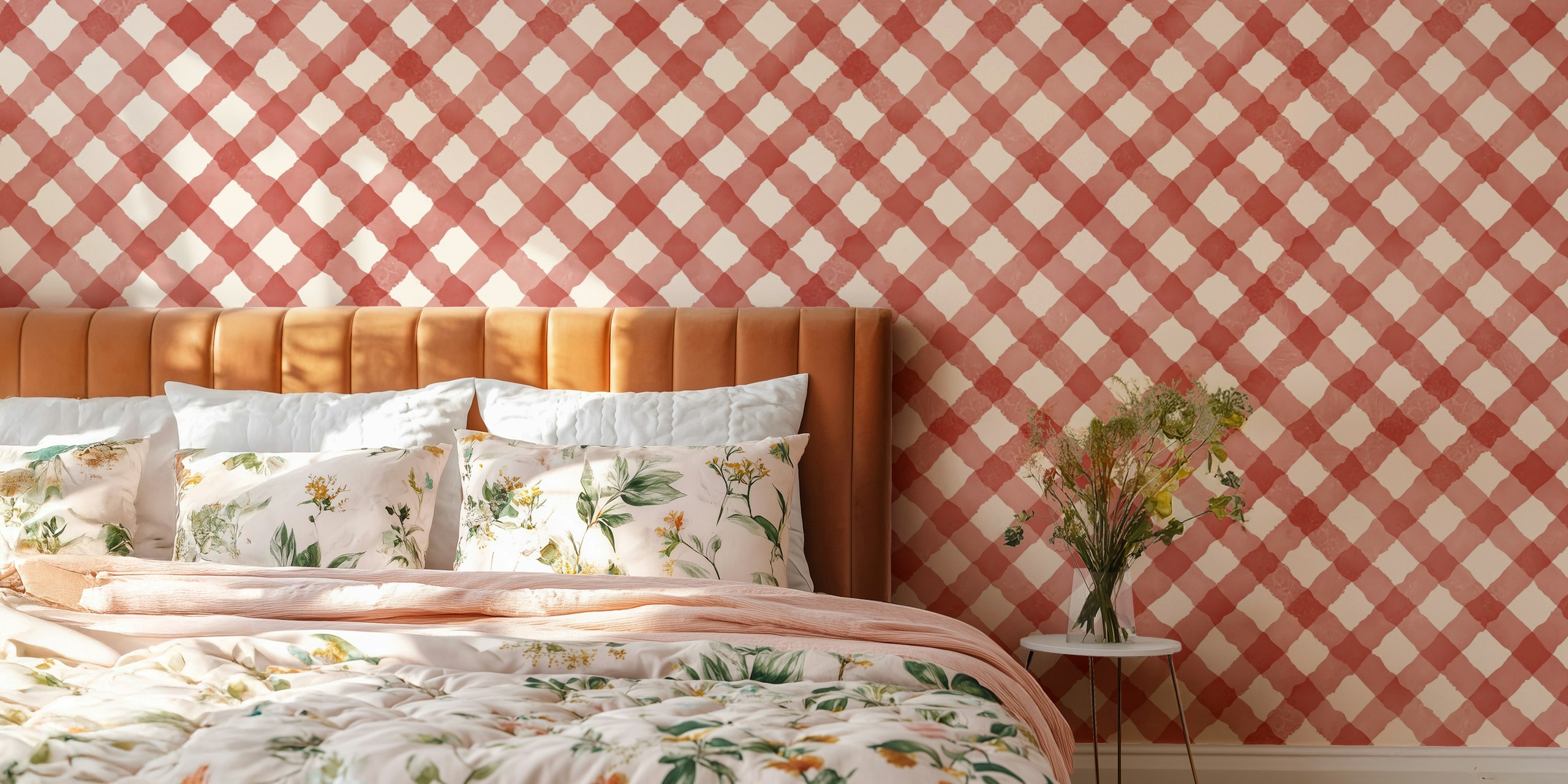Red and cream gingham pattern wallpaper