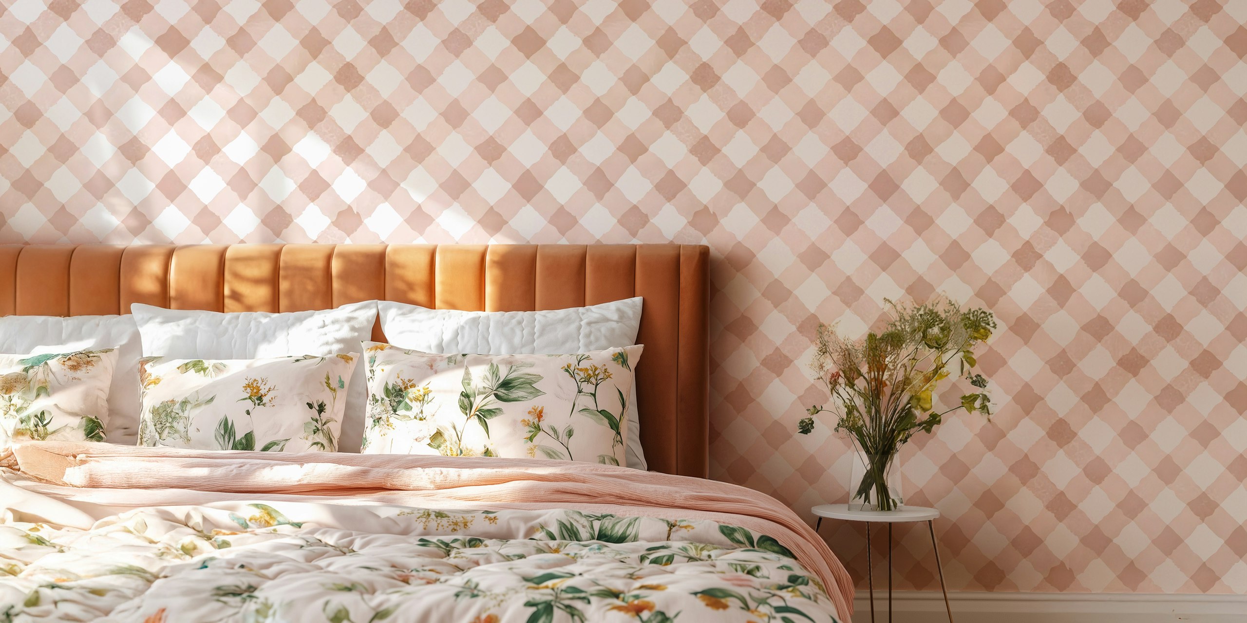 Tapeta Hand Painted Pink Festive Gingham v místnosti