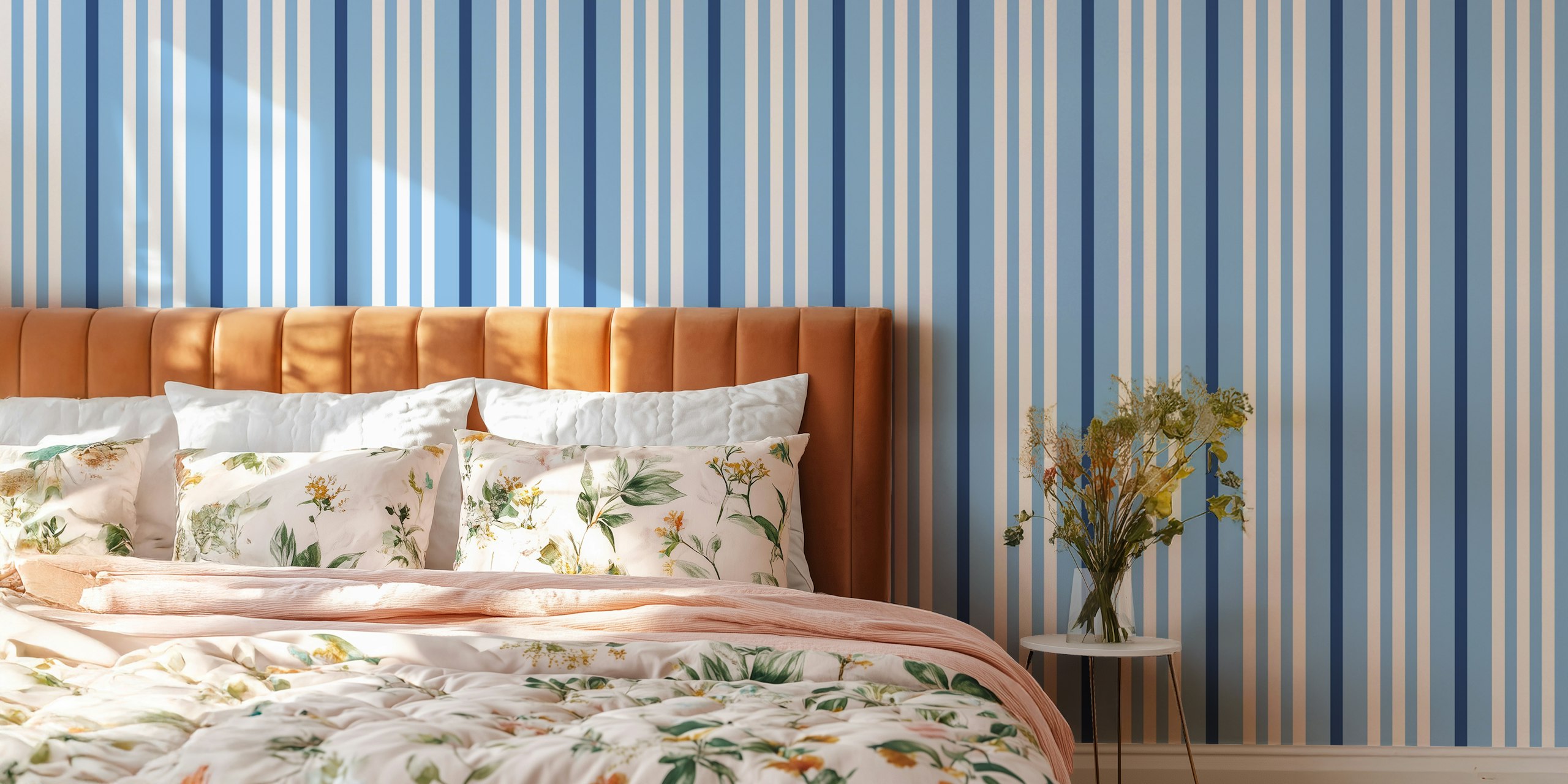 Blue and white vertical striped wallpaper design