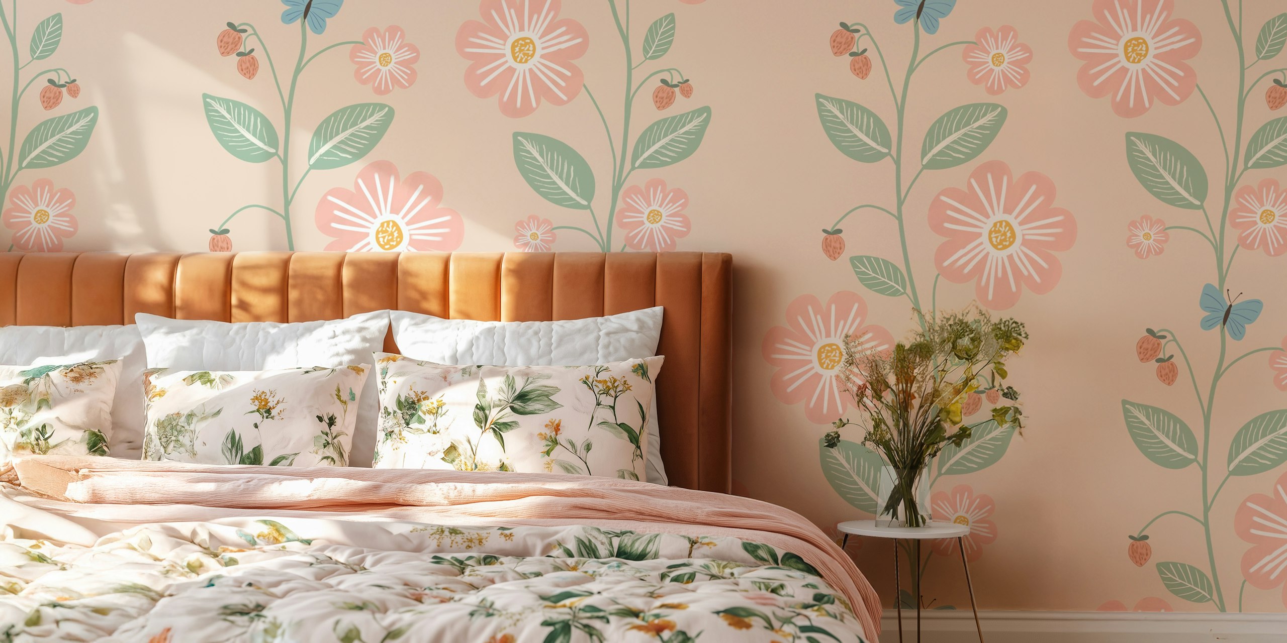 Ταπετσαρία Strawberry Vines & Blossoms Natural Linen σε ένα δωμάτιο