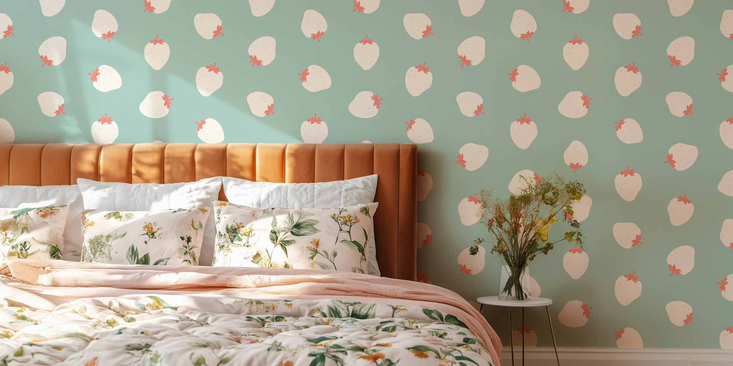 Aqua background with white strawberries and coral accents wallpaper