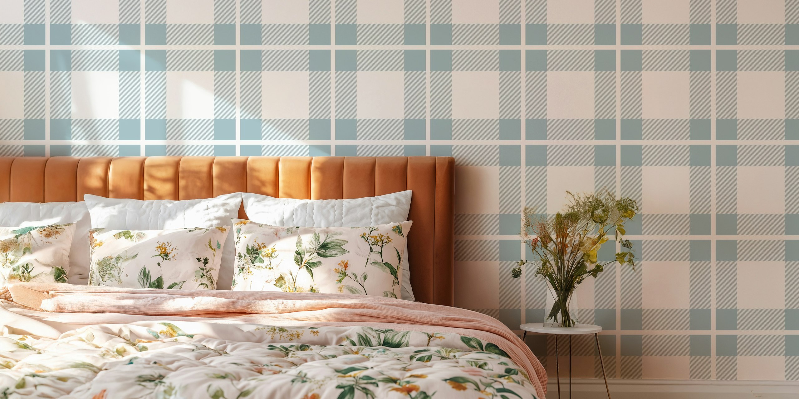 Scandi Blue Simple Tartan Check Plaid papel de parede em um quarto