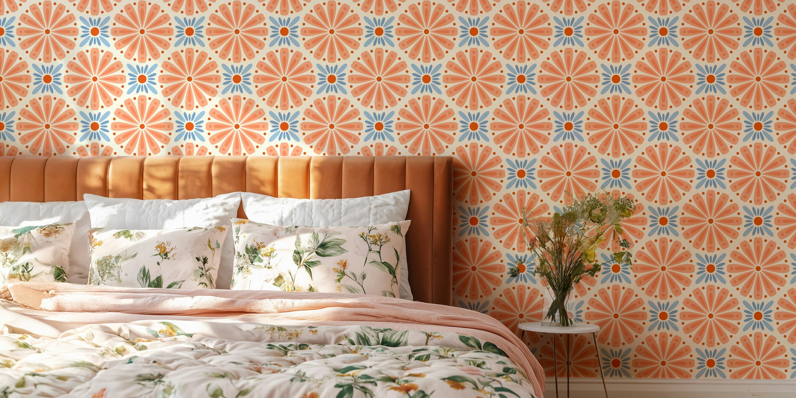 Peach blue floral wallpaper design in a room