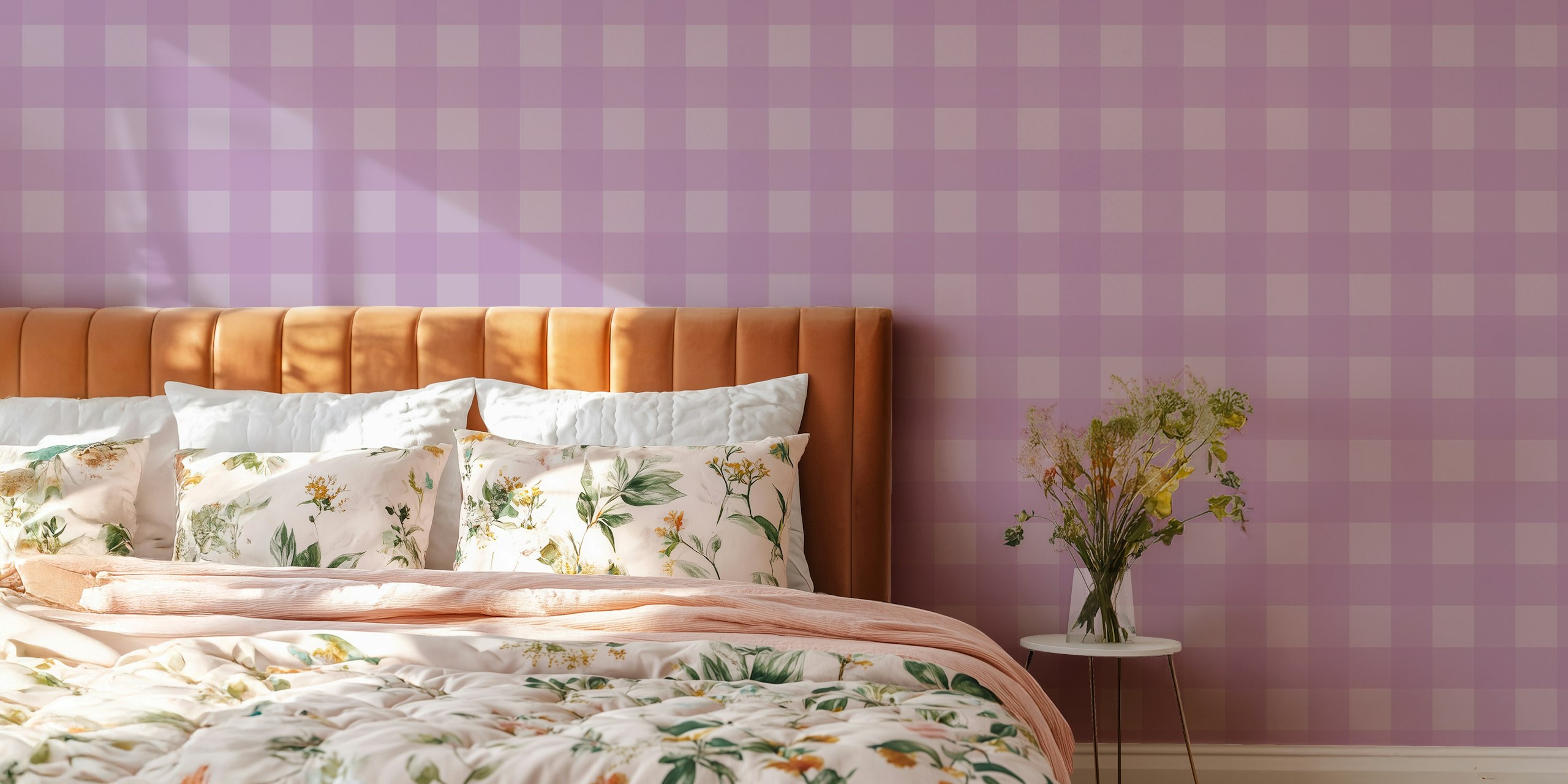 Gingham mauve on lavender wallpaper in a room