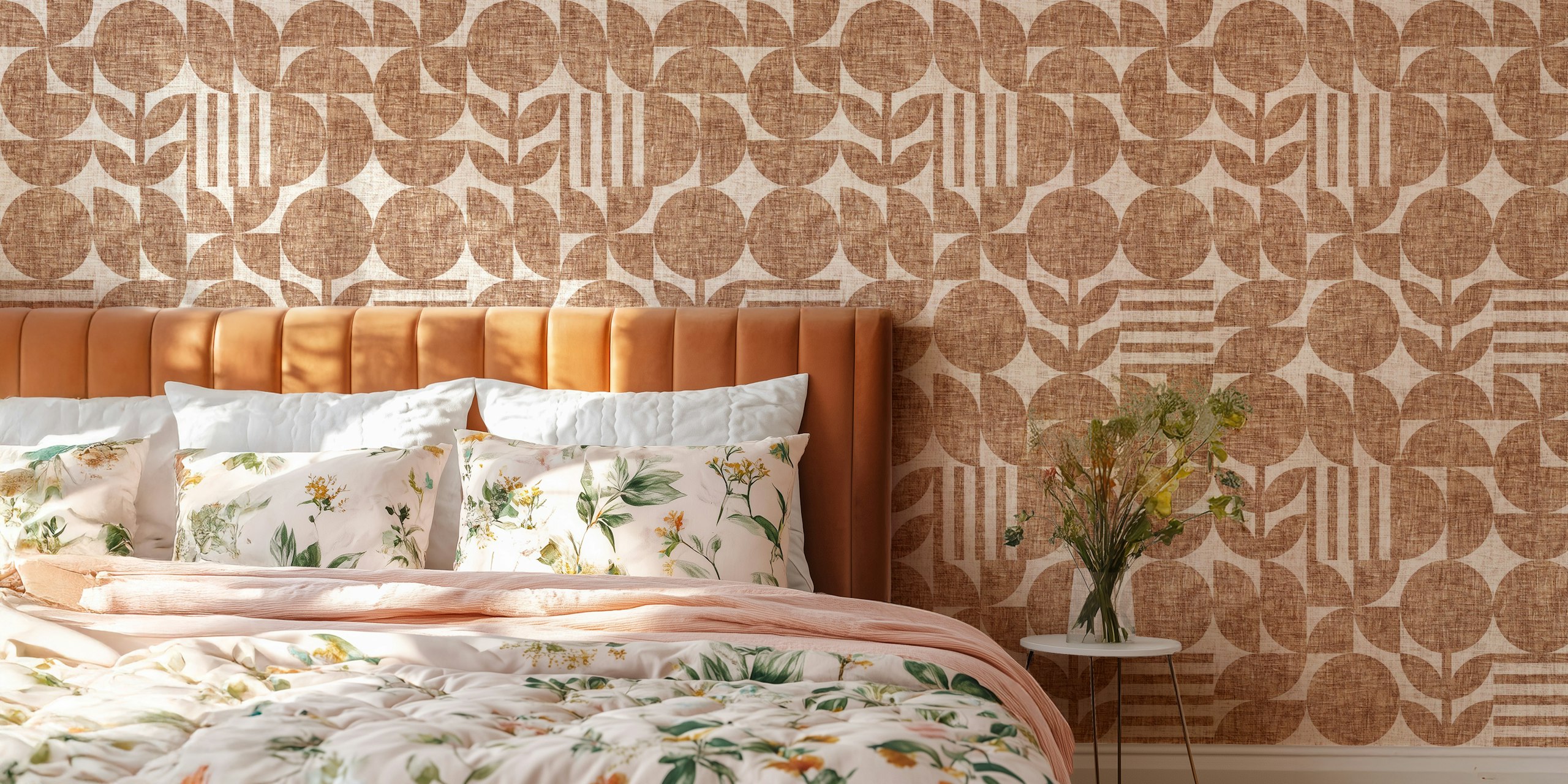 Scandi Texture Block Print Neutral Boho Brown tapetti huoneessa