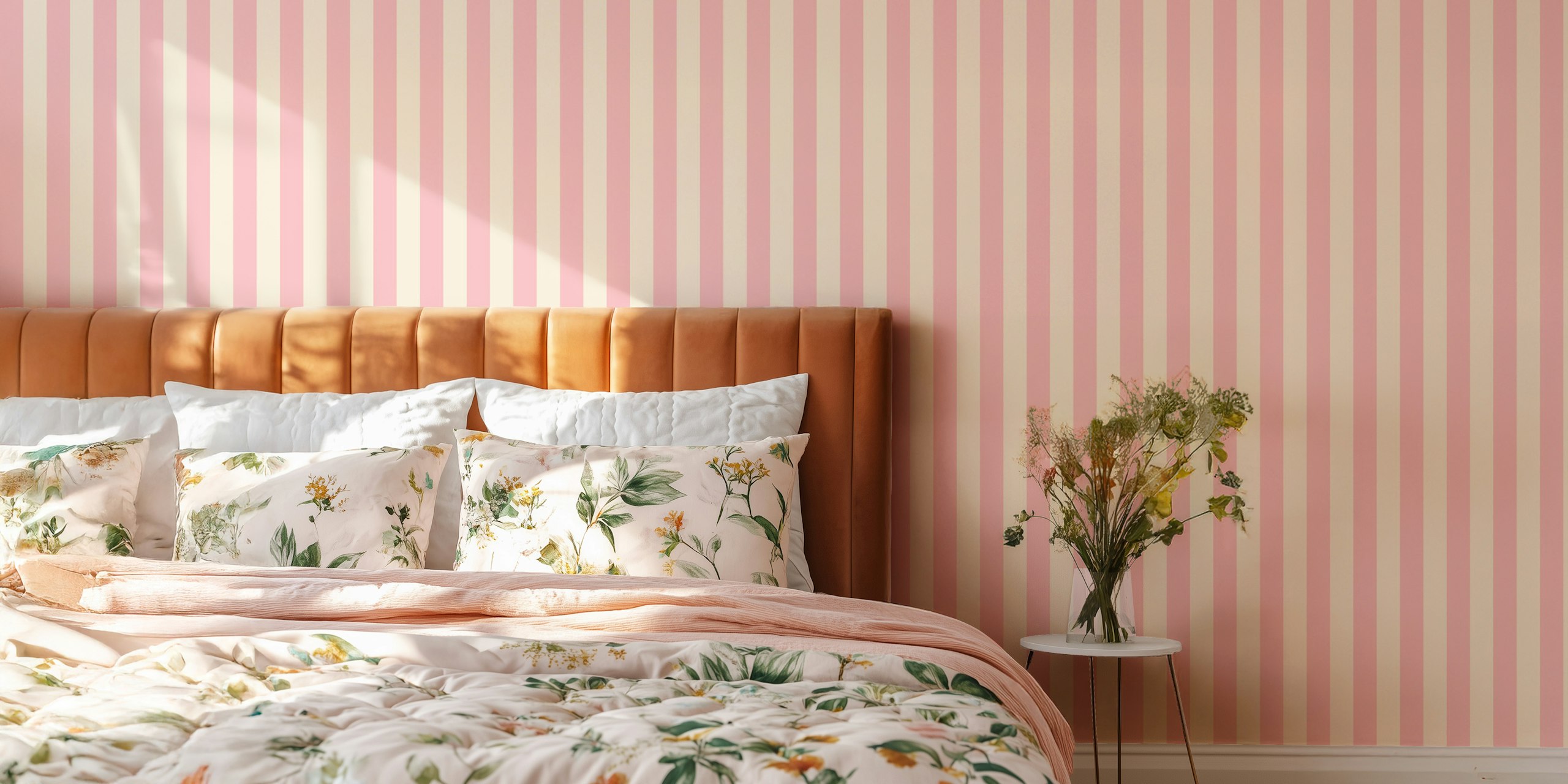 Carta da parati Pink and Soft Beige Medium Stripes in una stanza