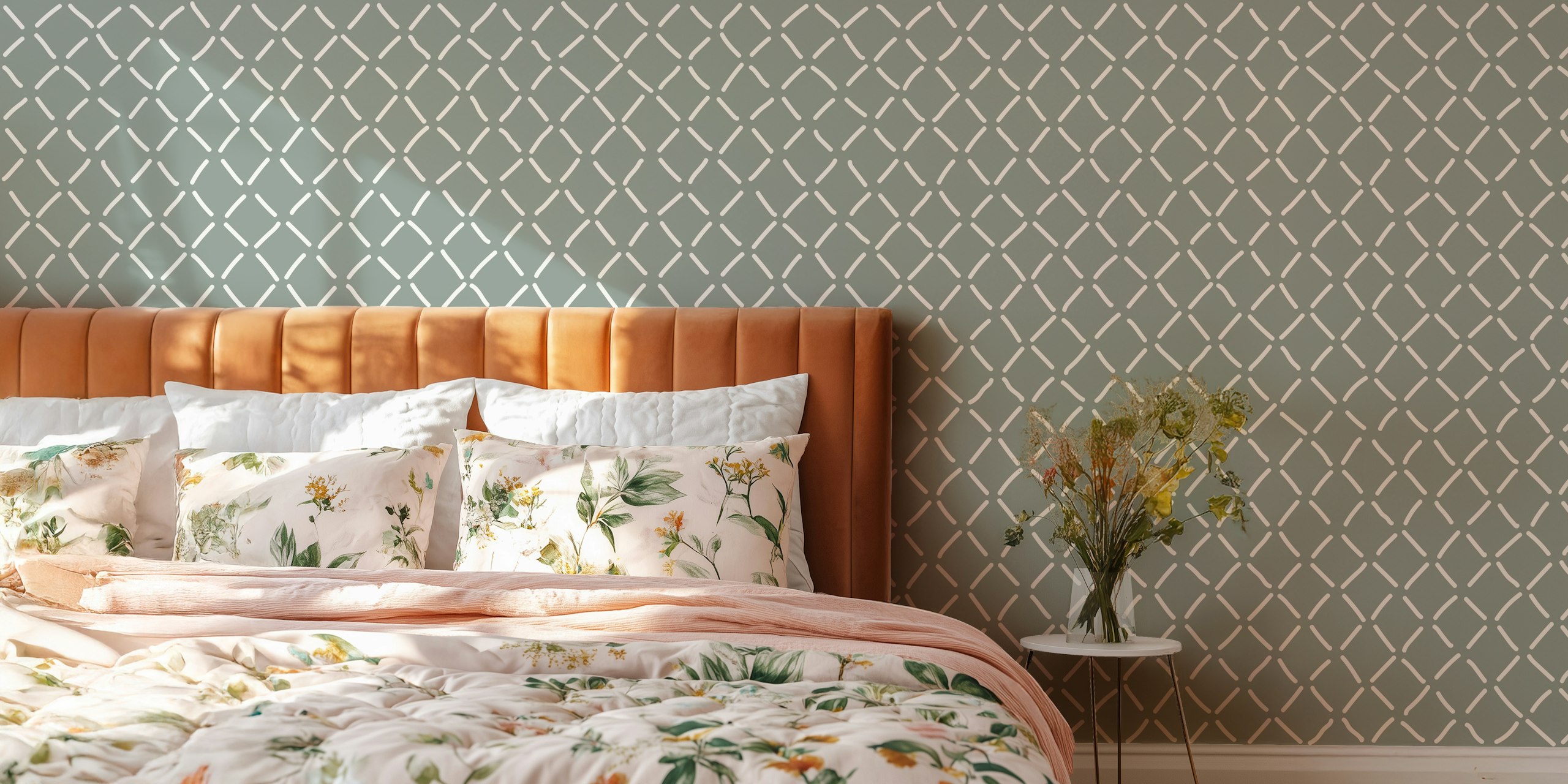 Sage green irregular diamond stich wallpaper i et rum