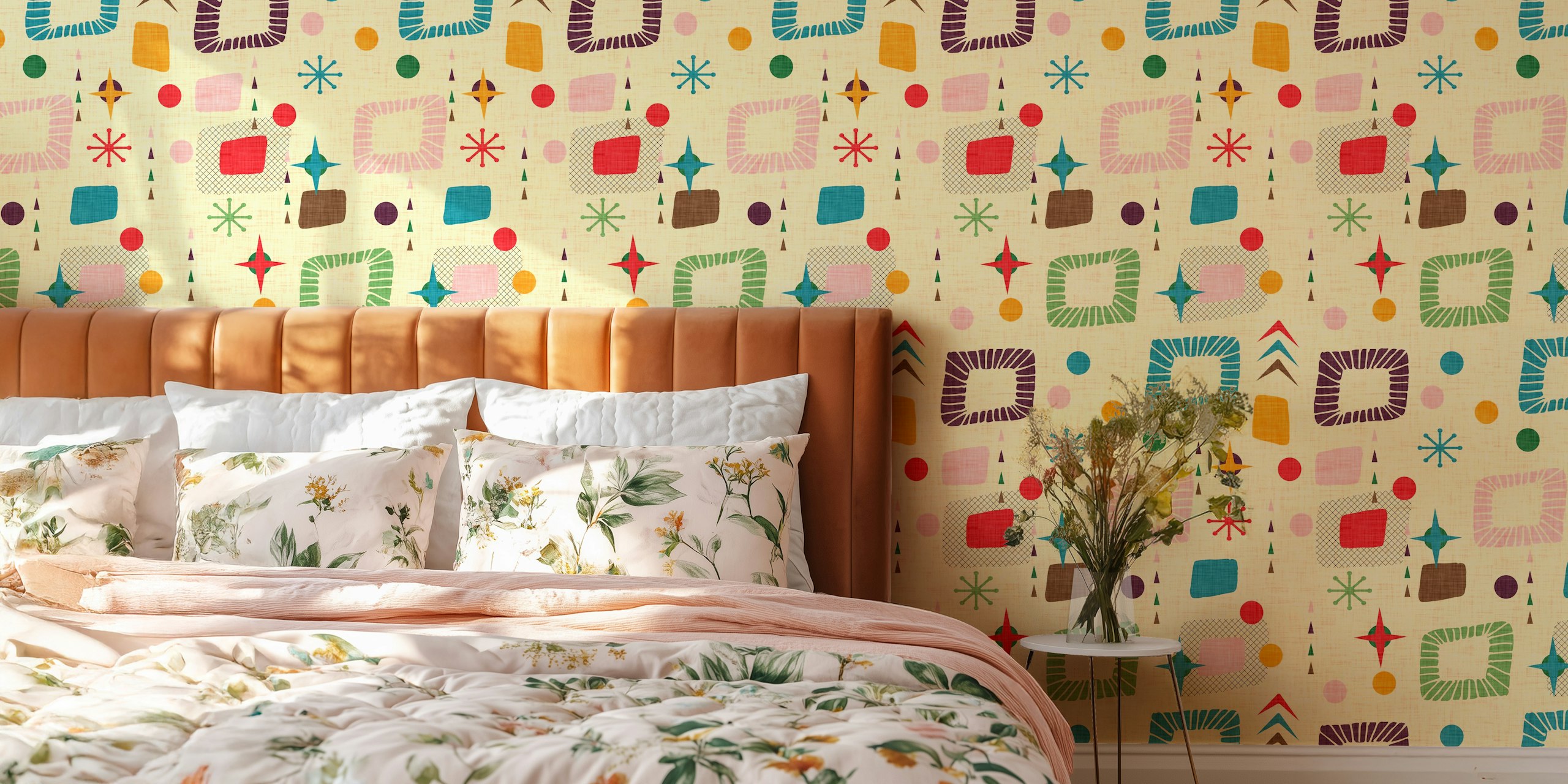 Colorful geometric shapes with vibrant colors on beige wallpaper