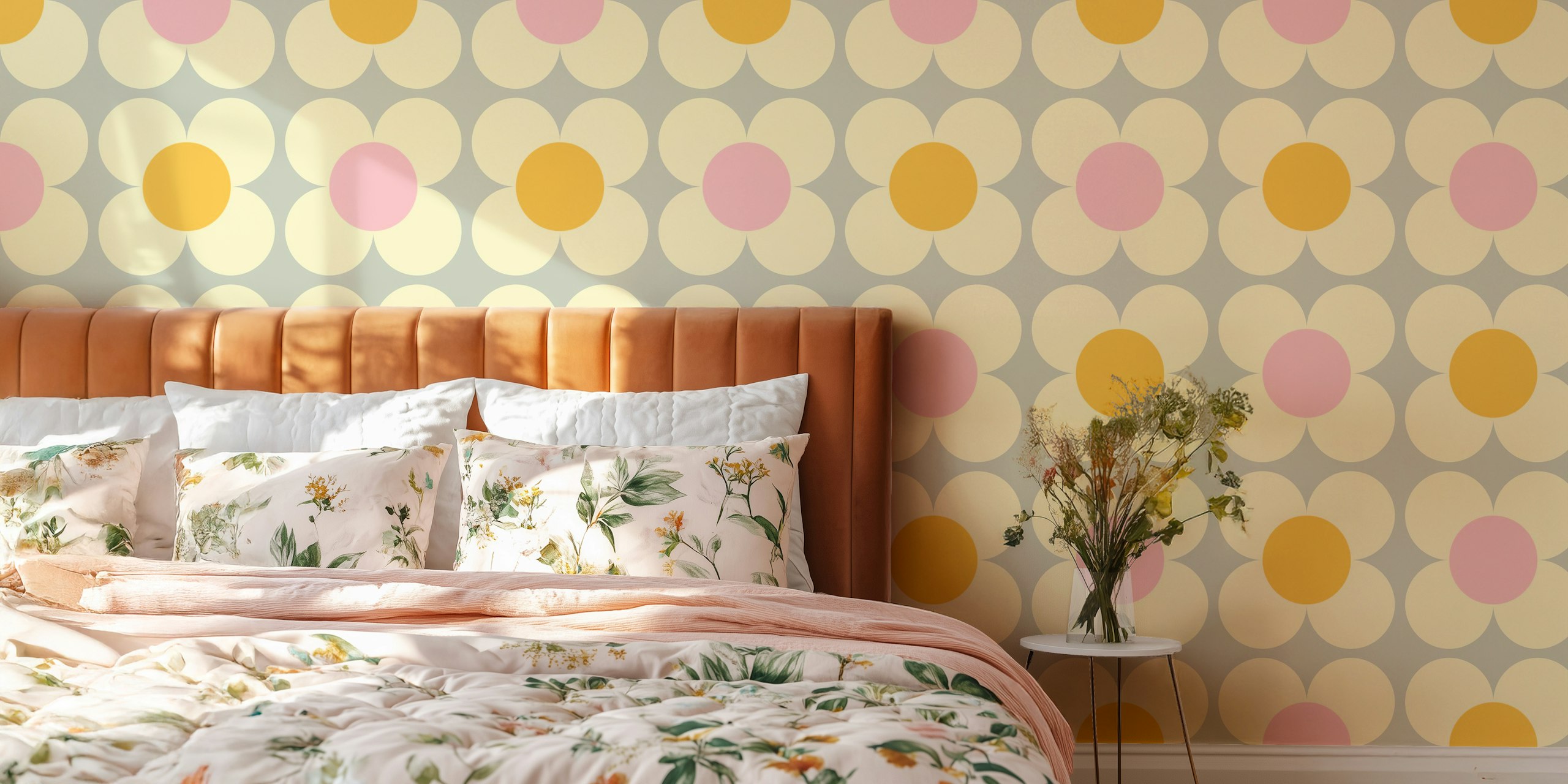 Retro floral pink yellow wallpaper featuring large rounded flowers.