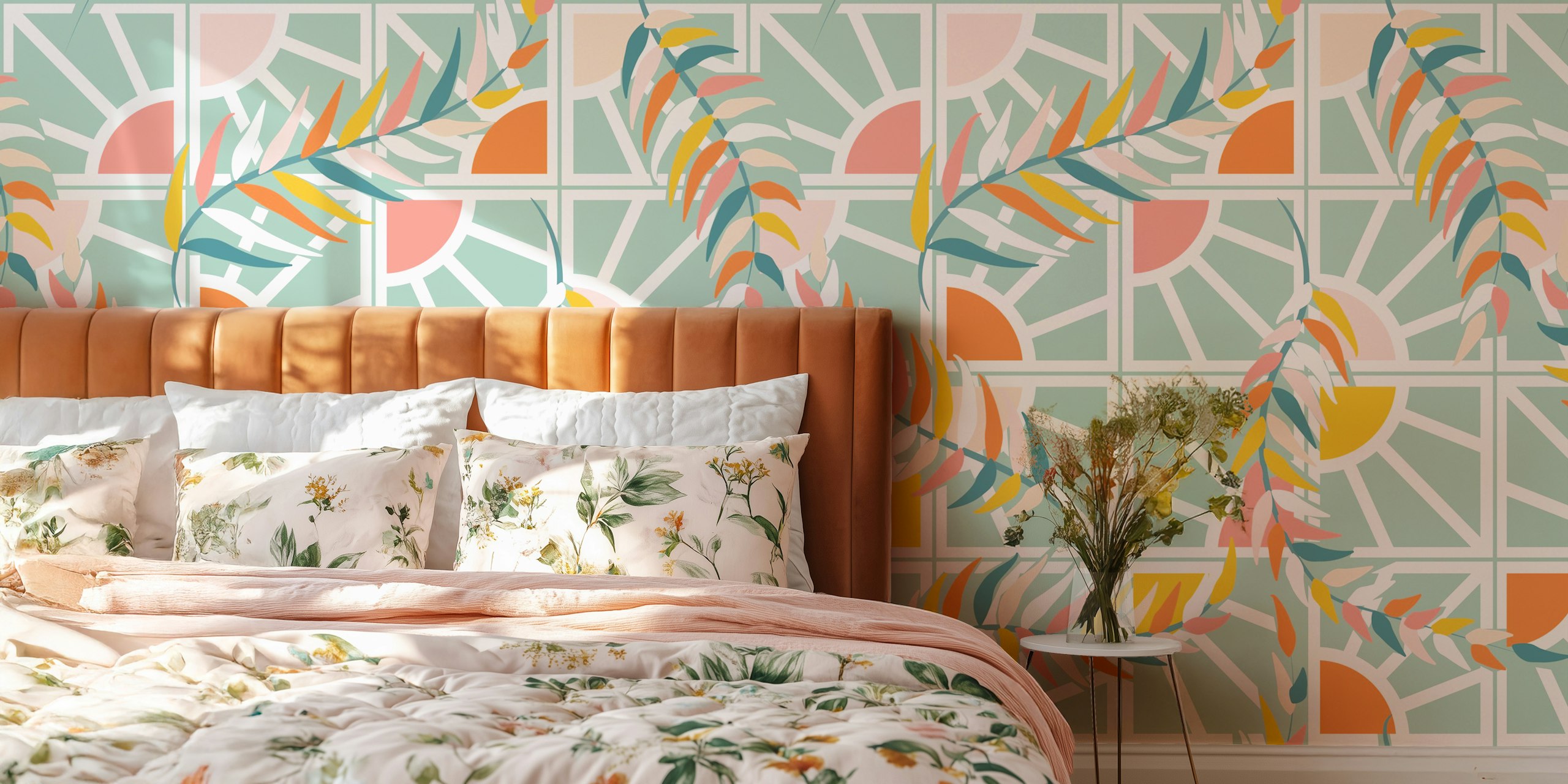 Leafy Sunburst Delight Tapetdesign in einem Raum
