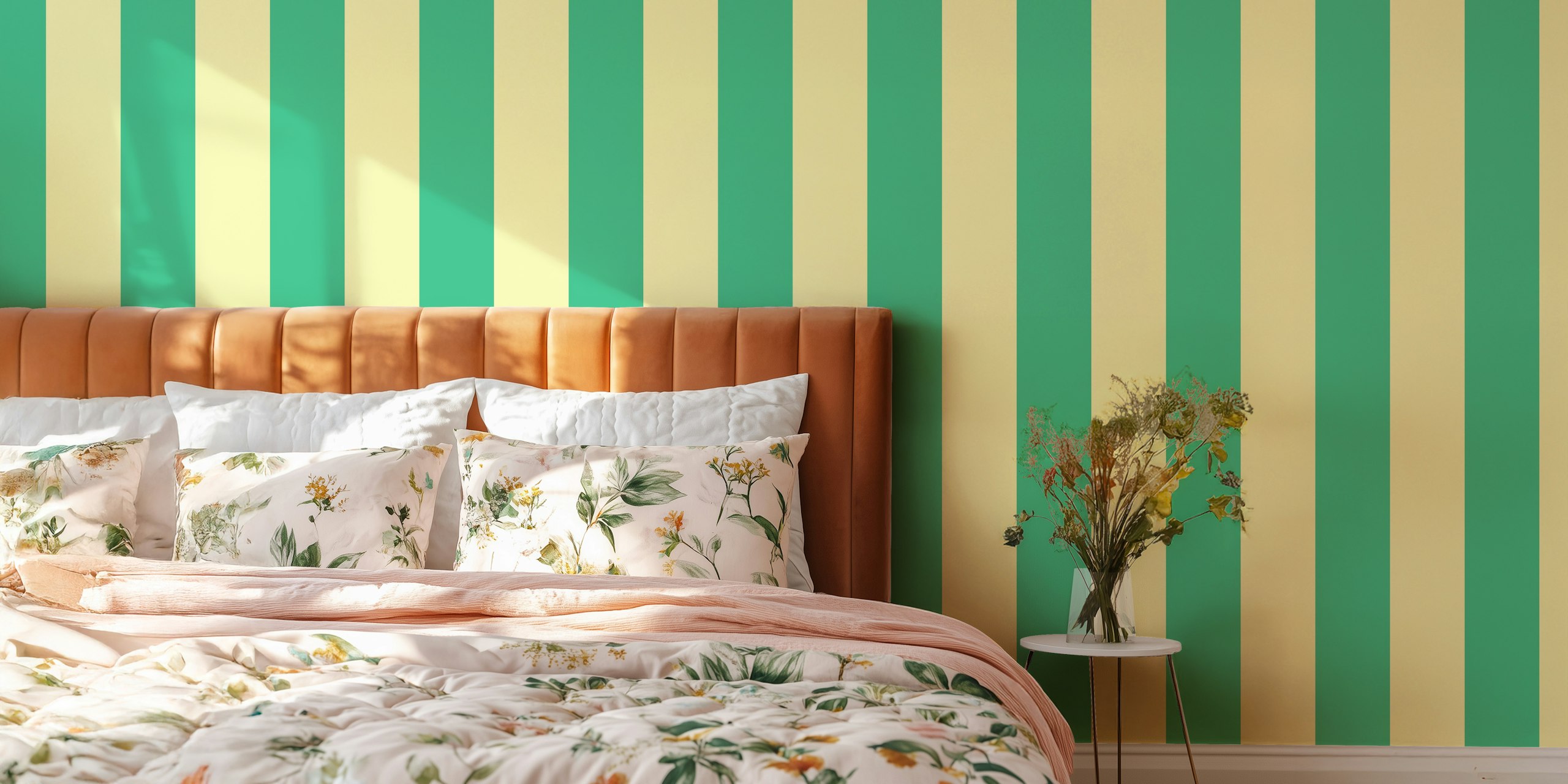 Pastel lemon yellow and green awning stripe wallpaper