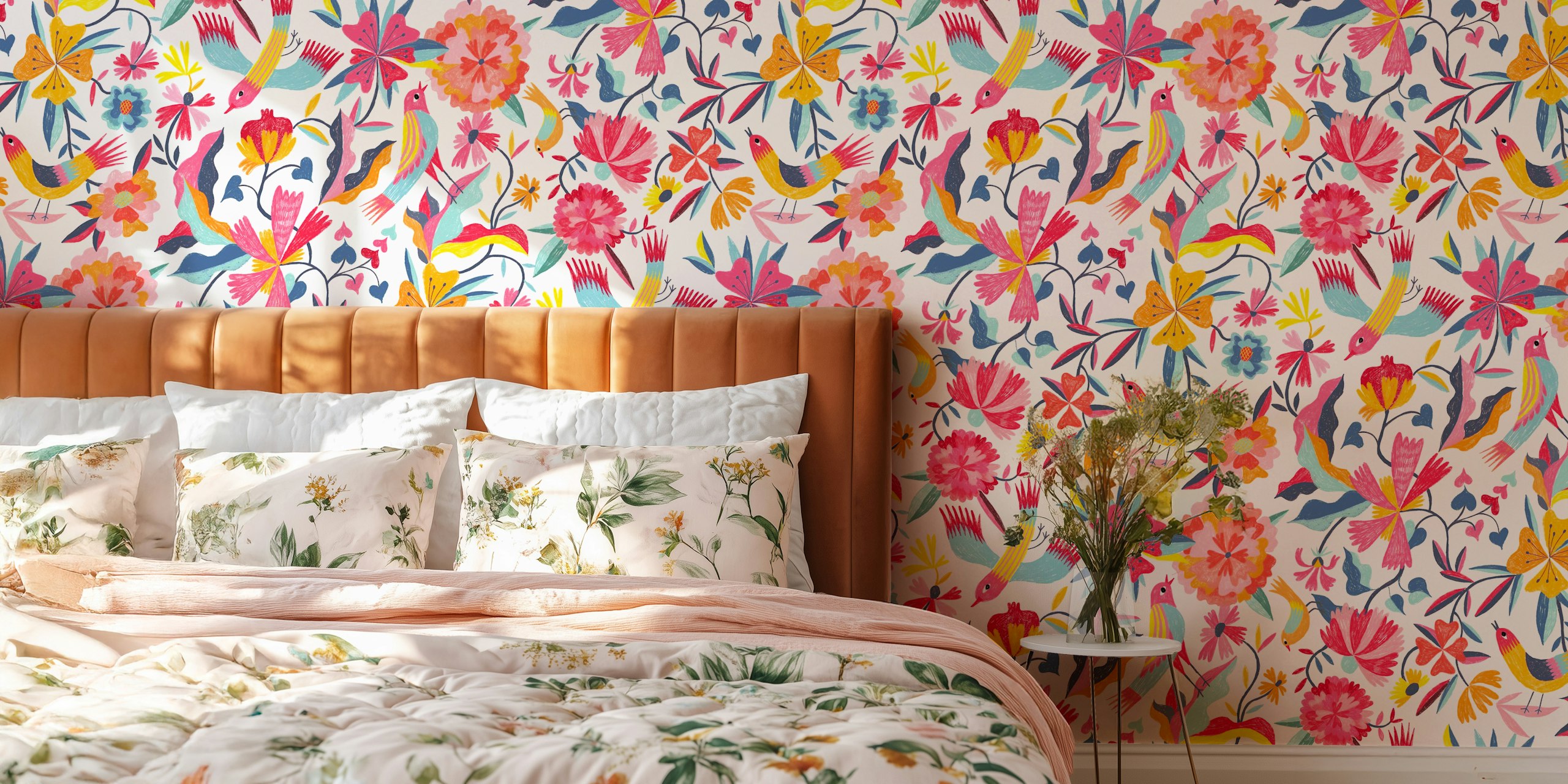 Colorful flowers and birds on white background wall mural