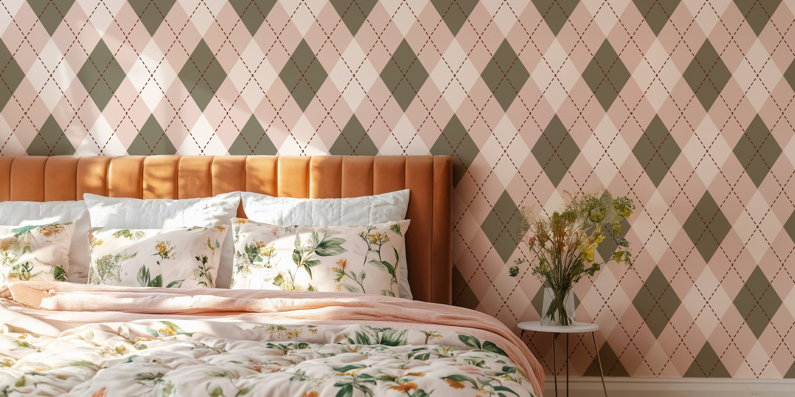 Argyle pattern wallpaper in sage and pink