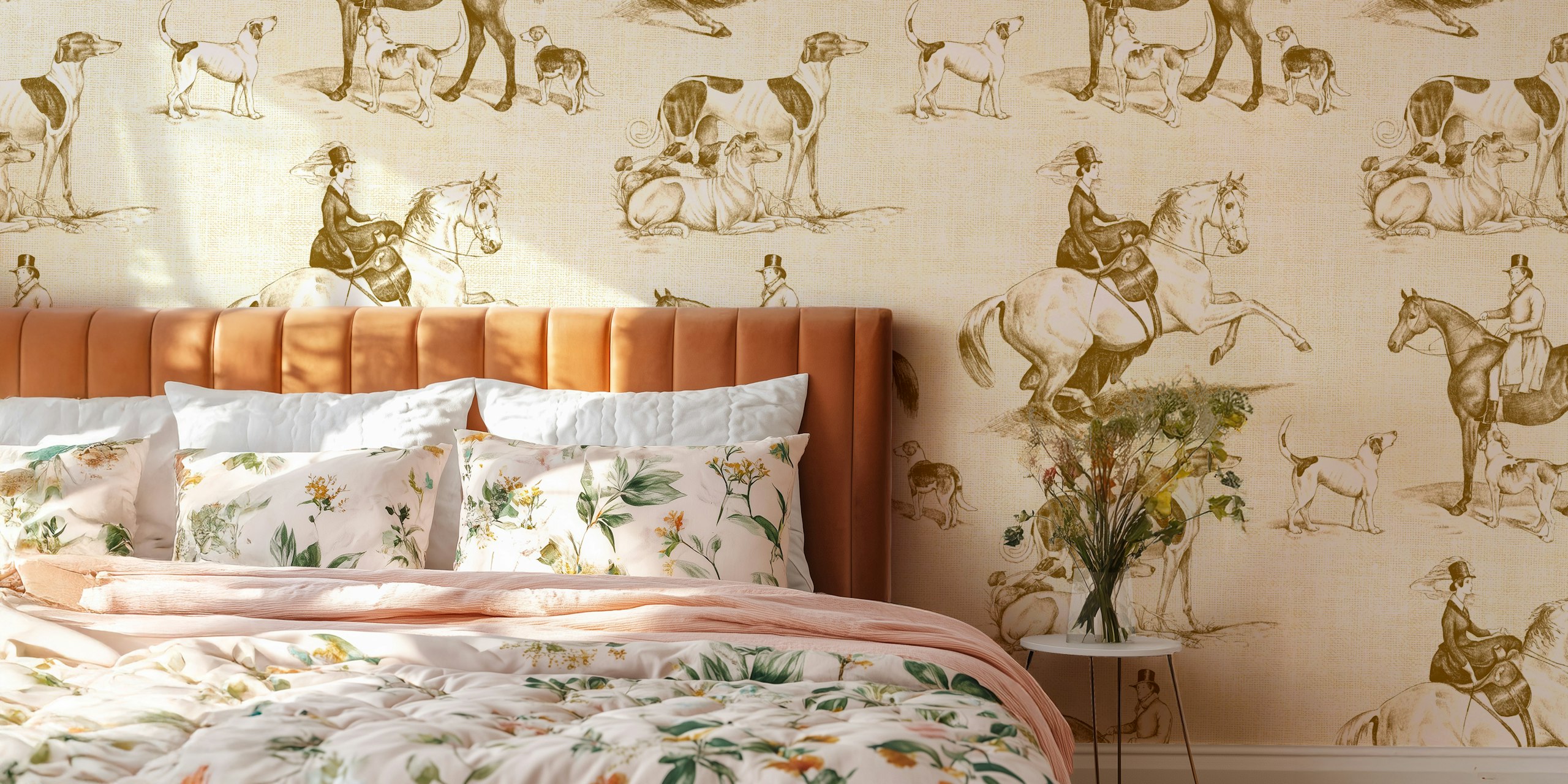 Vintage equestrian scene with horses and dogs in goldenrod wallpaper