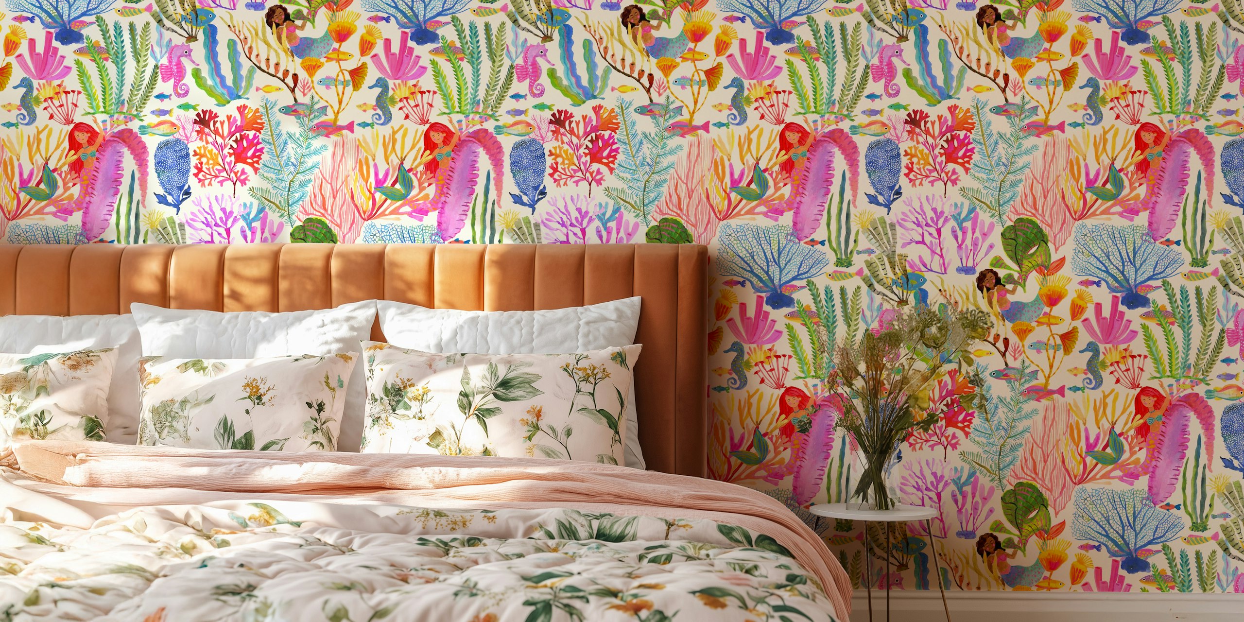 Mermaids, sea plants, fish in vibrant colors cream wallpaper
