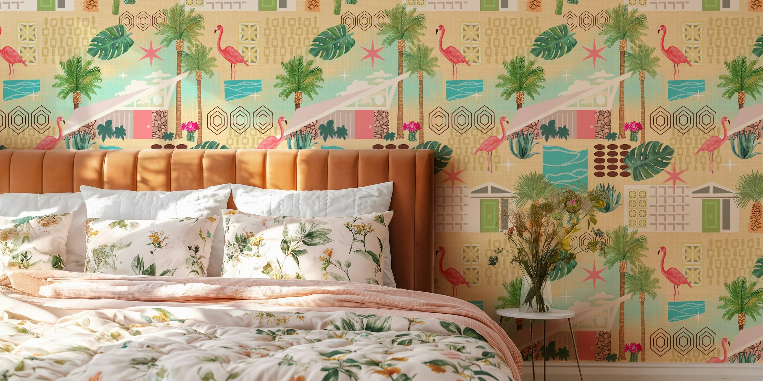 Tropical palm leaves, pink flamingoes, geometric shapes wallpaper
