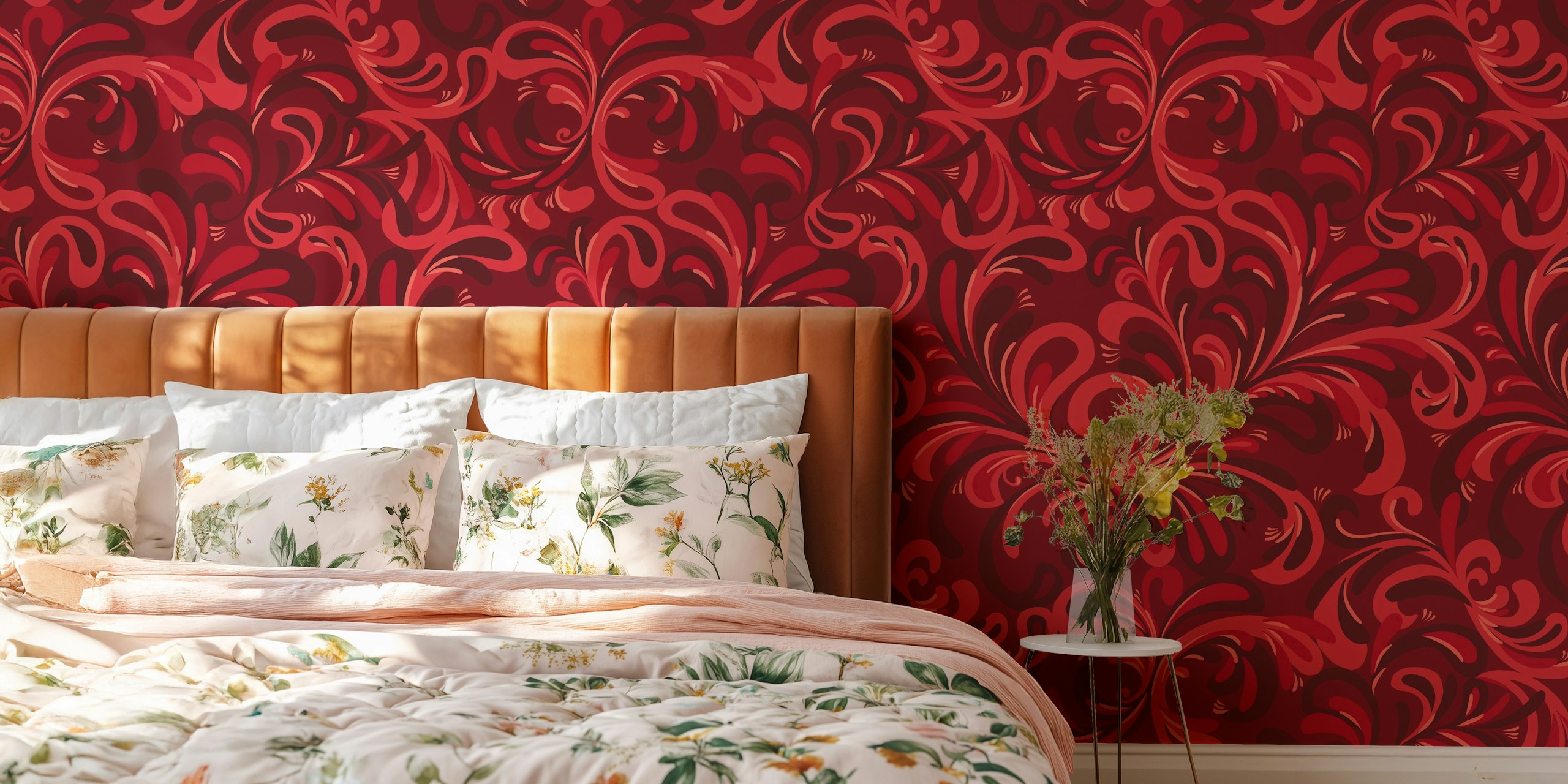 Bohemian jewel flourish rubin red behang in een kamer