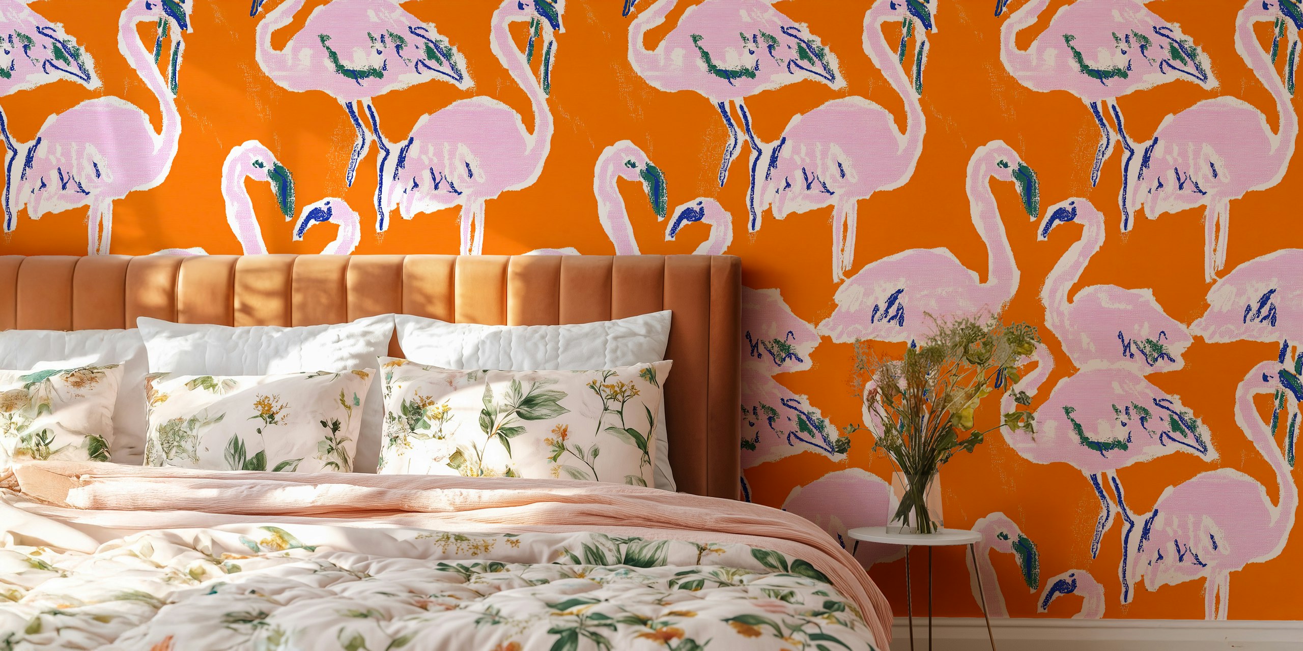 Pink flamingos on bright orange background wall mural