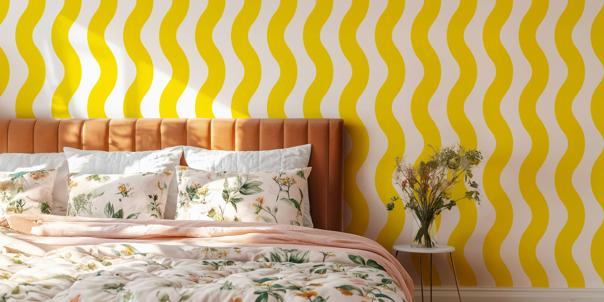 Tapeta Bright Butter Yellow Modern Waves v pokoji