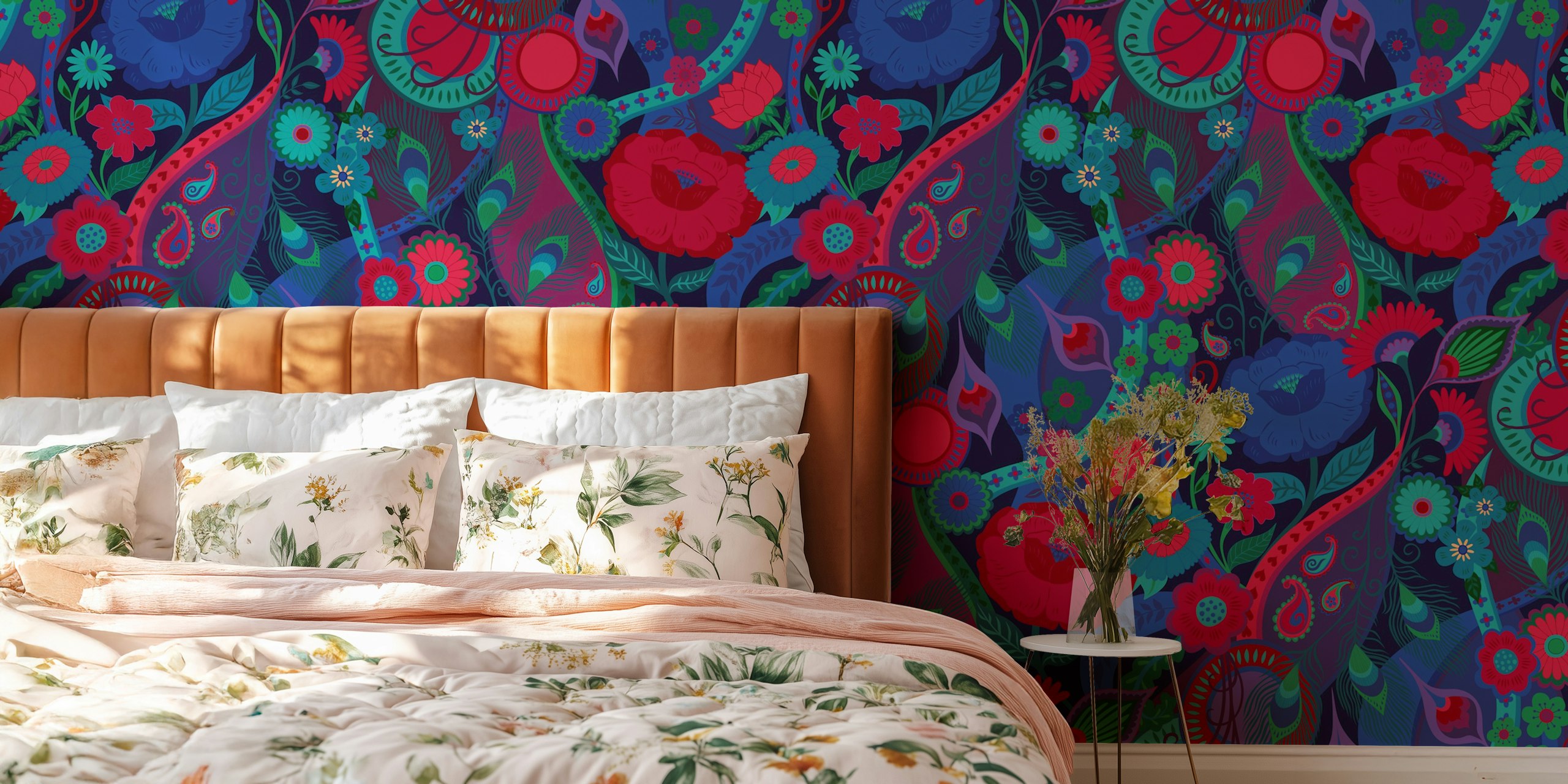 Colorful floral wallpaper in a room