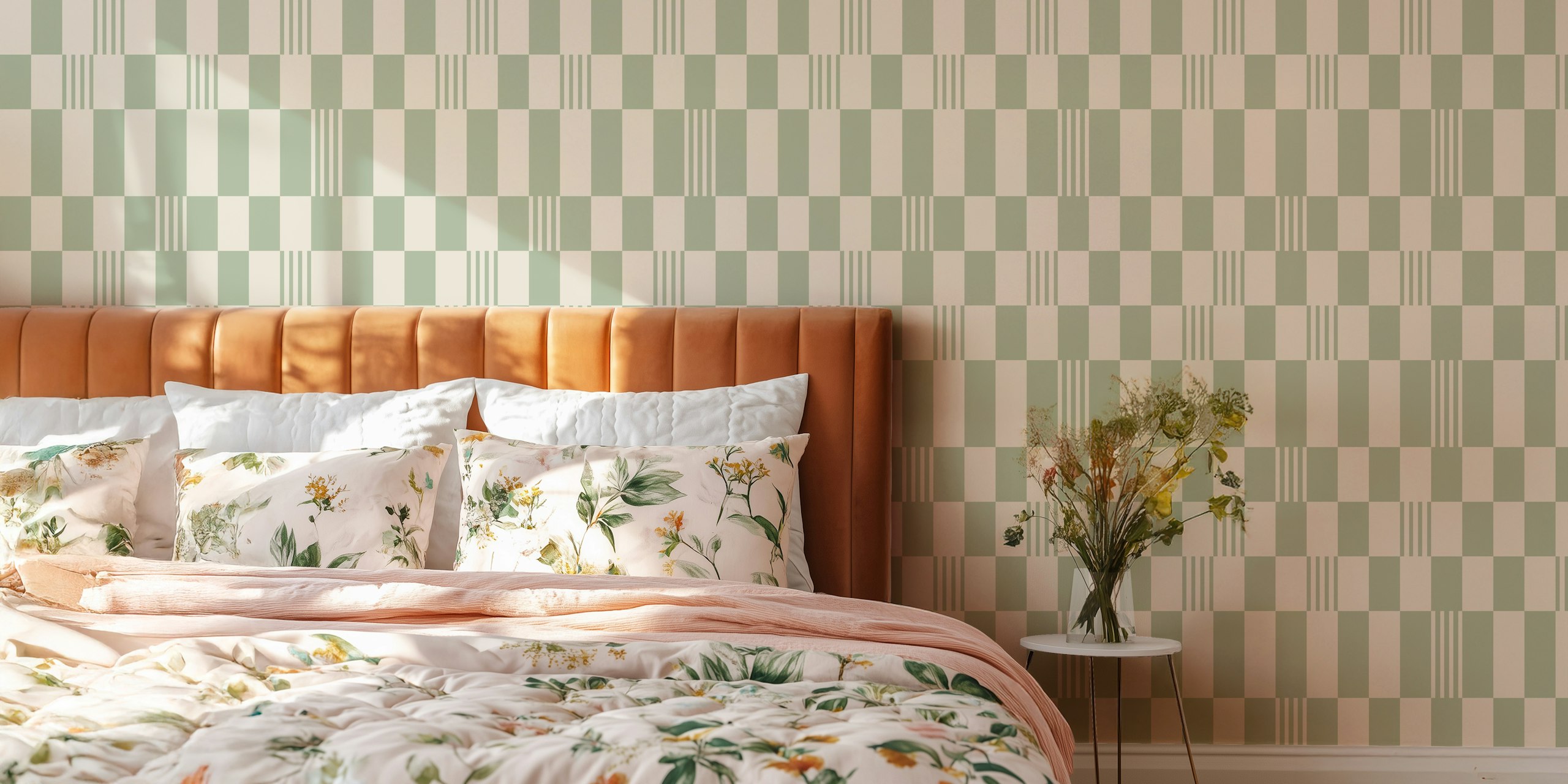 Sage green and cream checkered pattern wallpaper