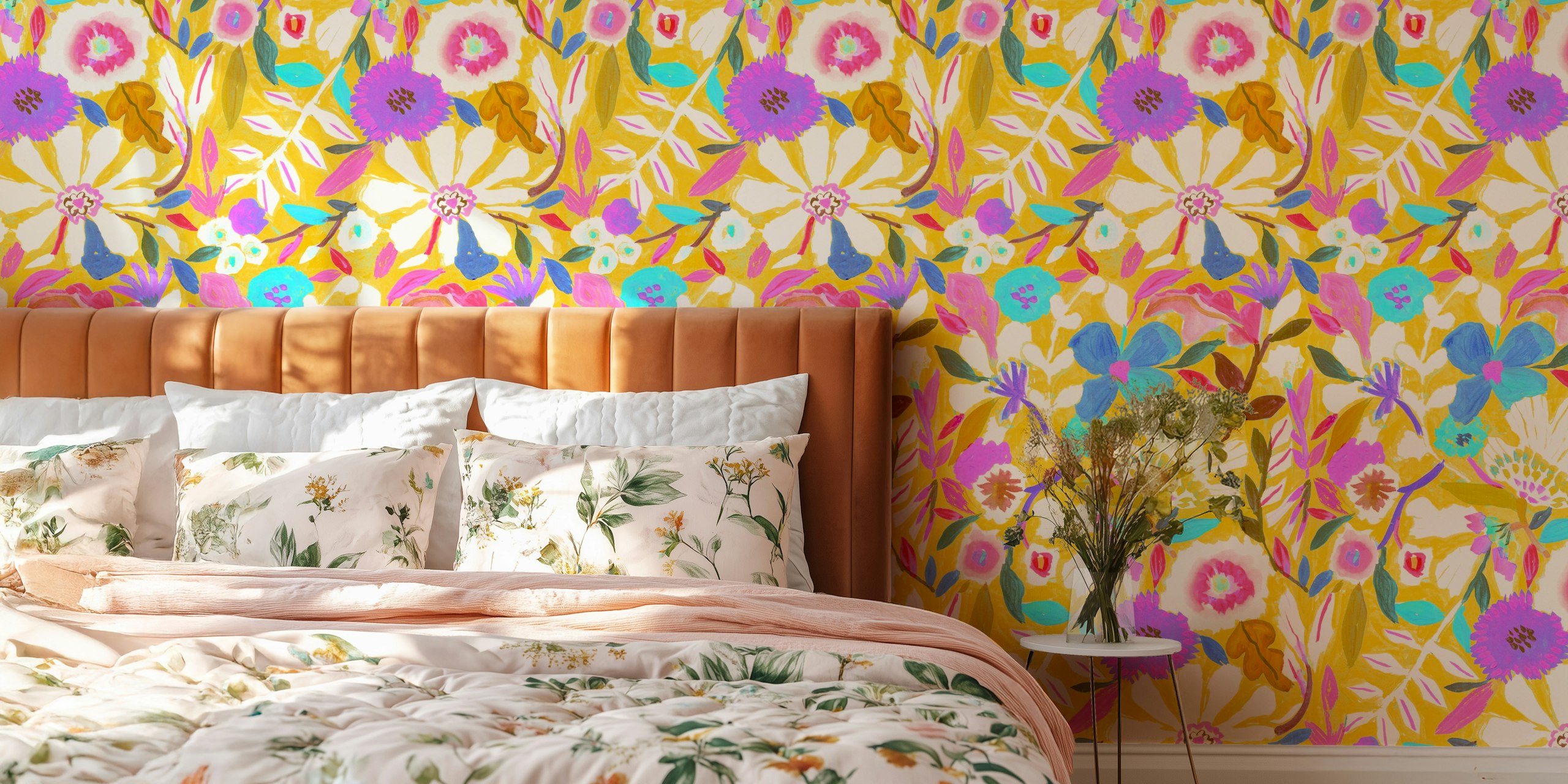Vibrant watercolor floral design with yellow background wallpaper