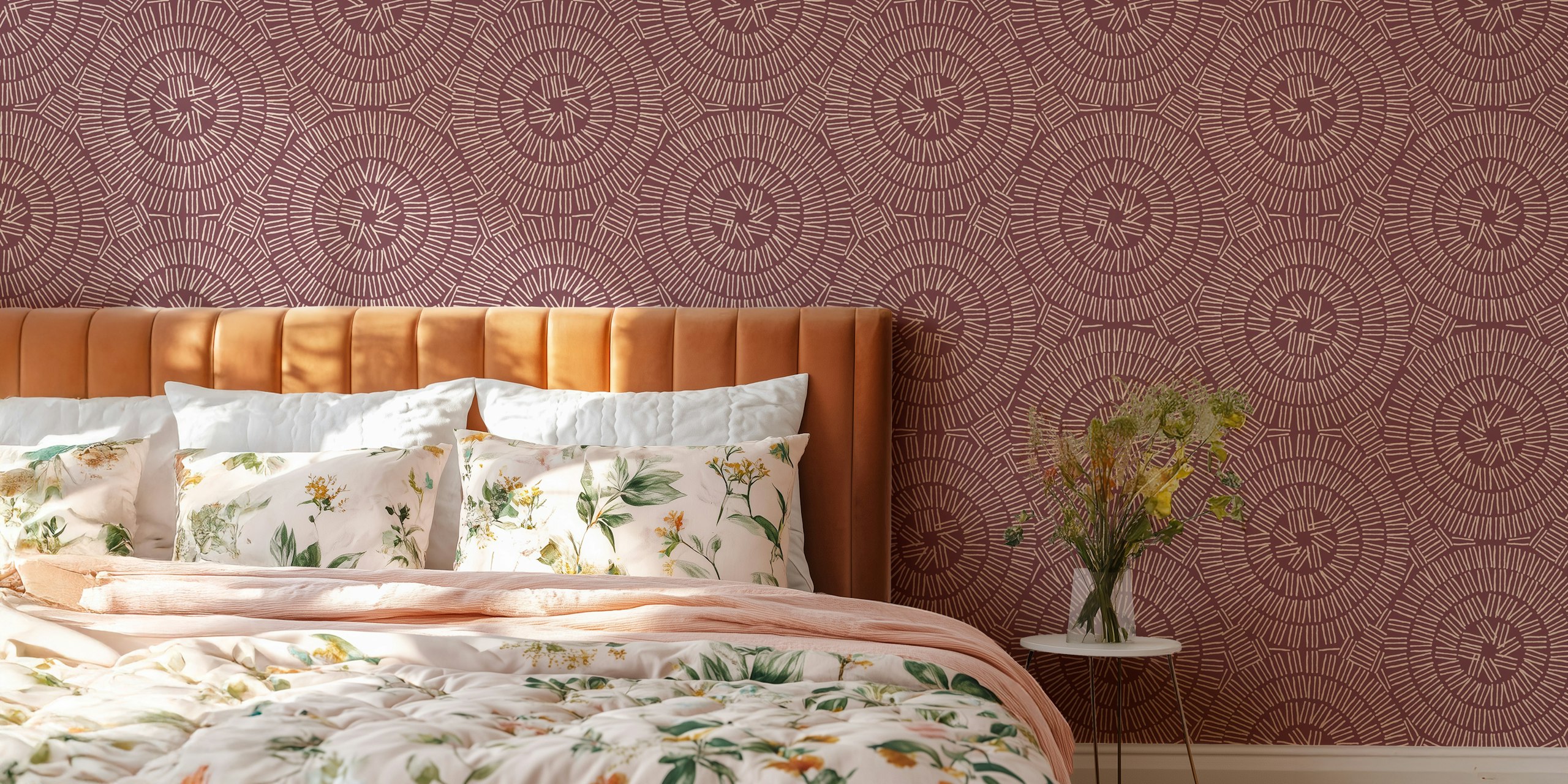 Burgundy tribal shapes wallpaper in a room