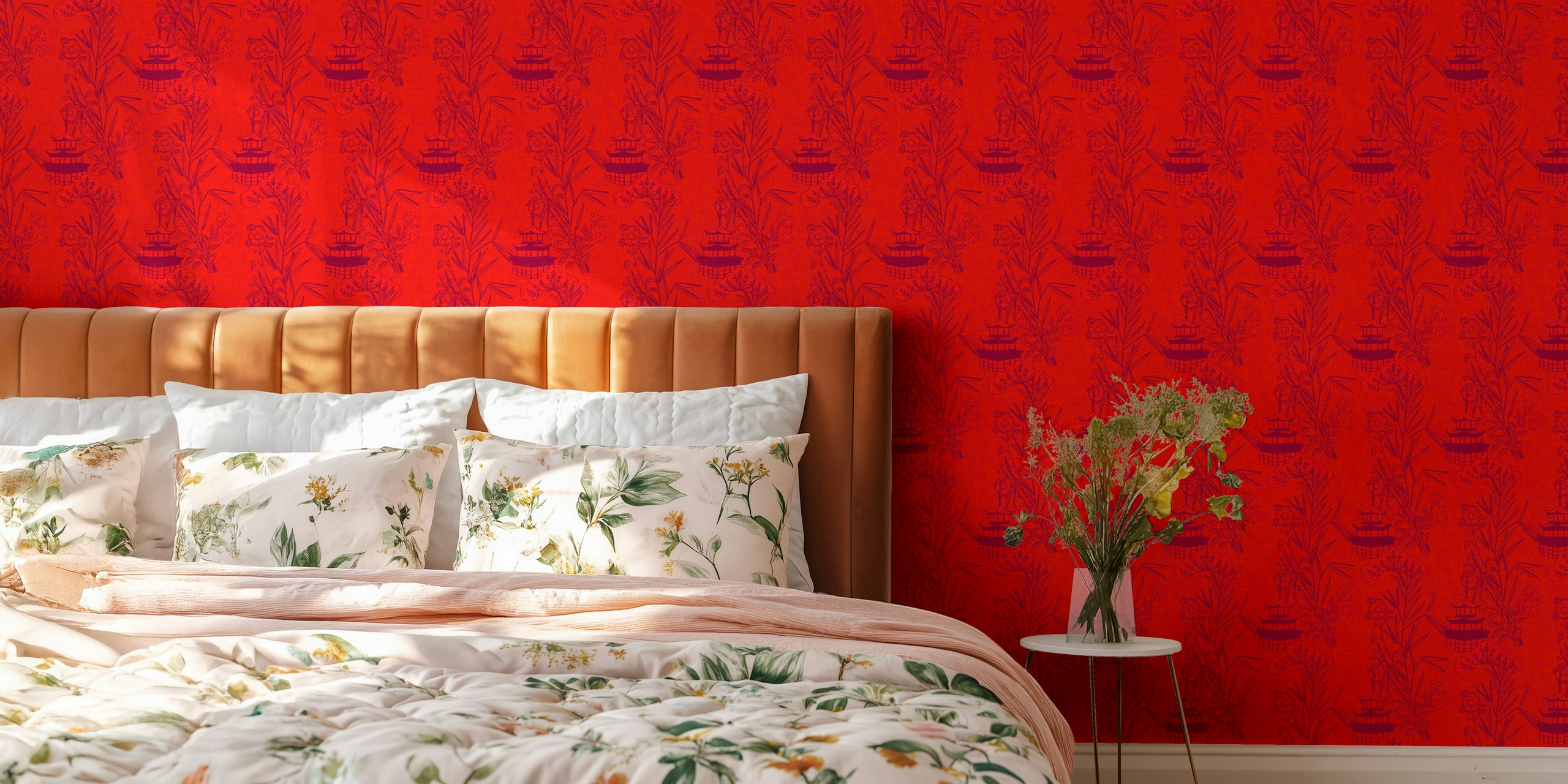 Red Asian Toile wallpaper with bamboo and pagoda