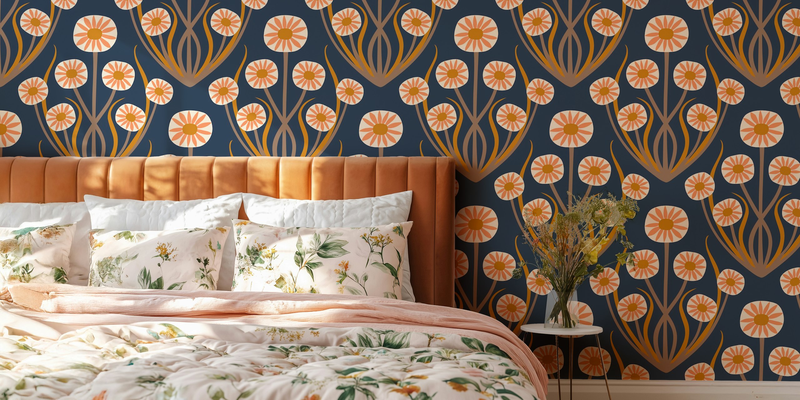 Papier peint Retro Daisy Symmetry dans une pièce