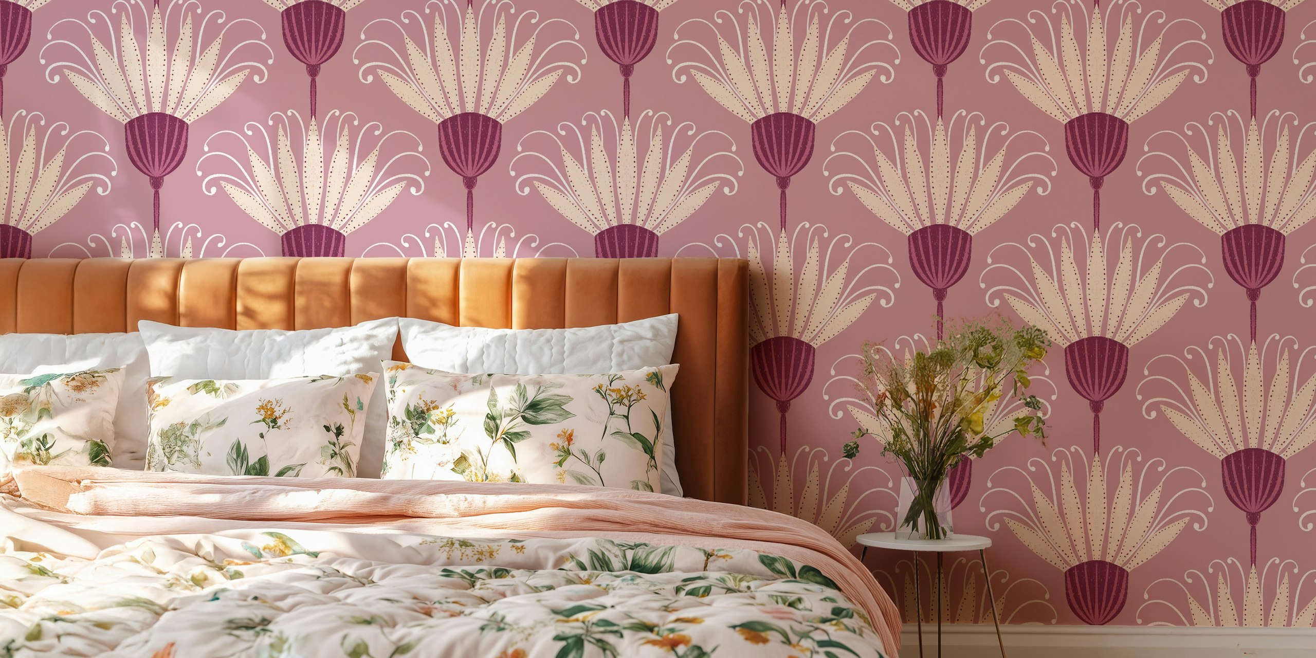 Large plum purple retro floral wallpaper with cream flowers