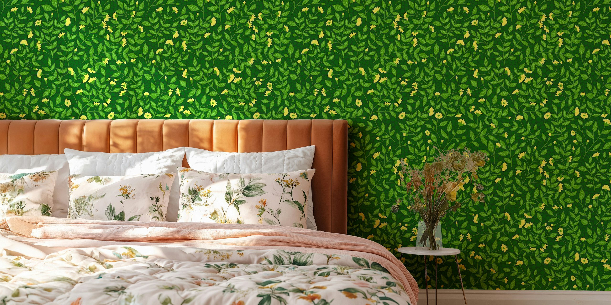Green and yellow floral wallpaper design