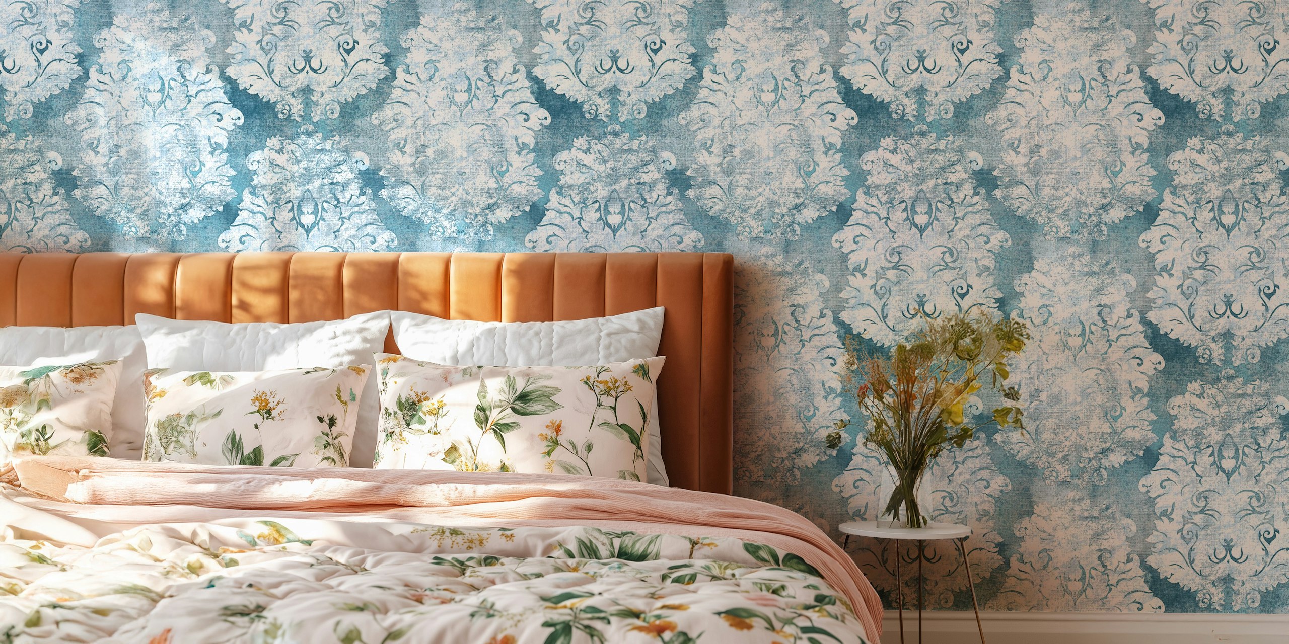 Papier peint mural antique à motif damassé bleu sarcelle avec des motifs floraux blancs.