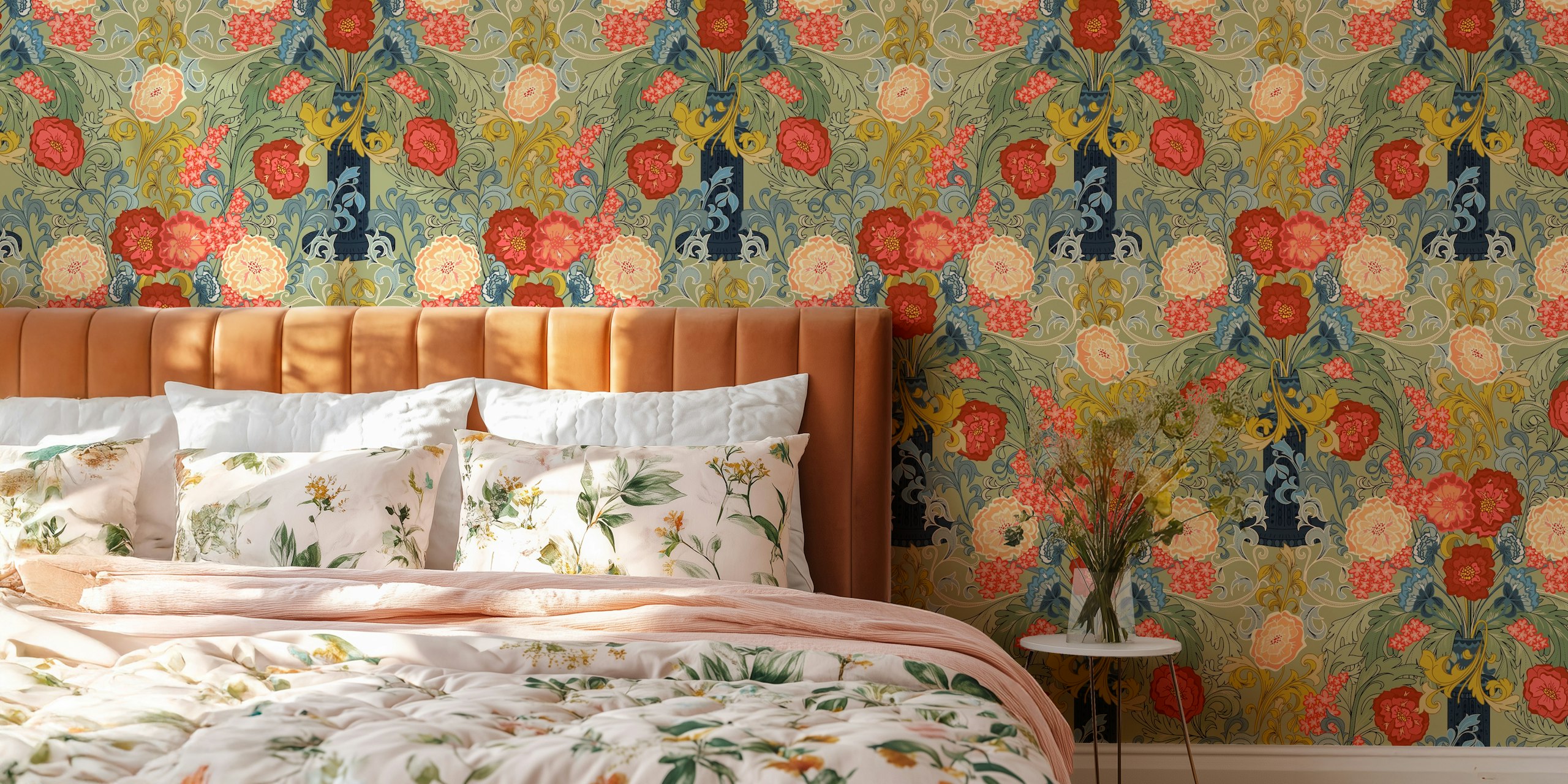 Victorian bloemenbehang met rozen en groene bladeren in salie groene achtergrond.
