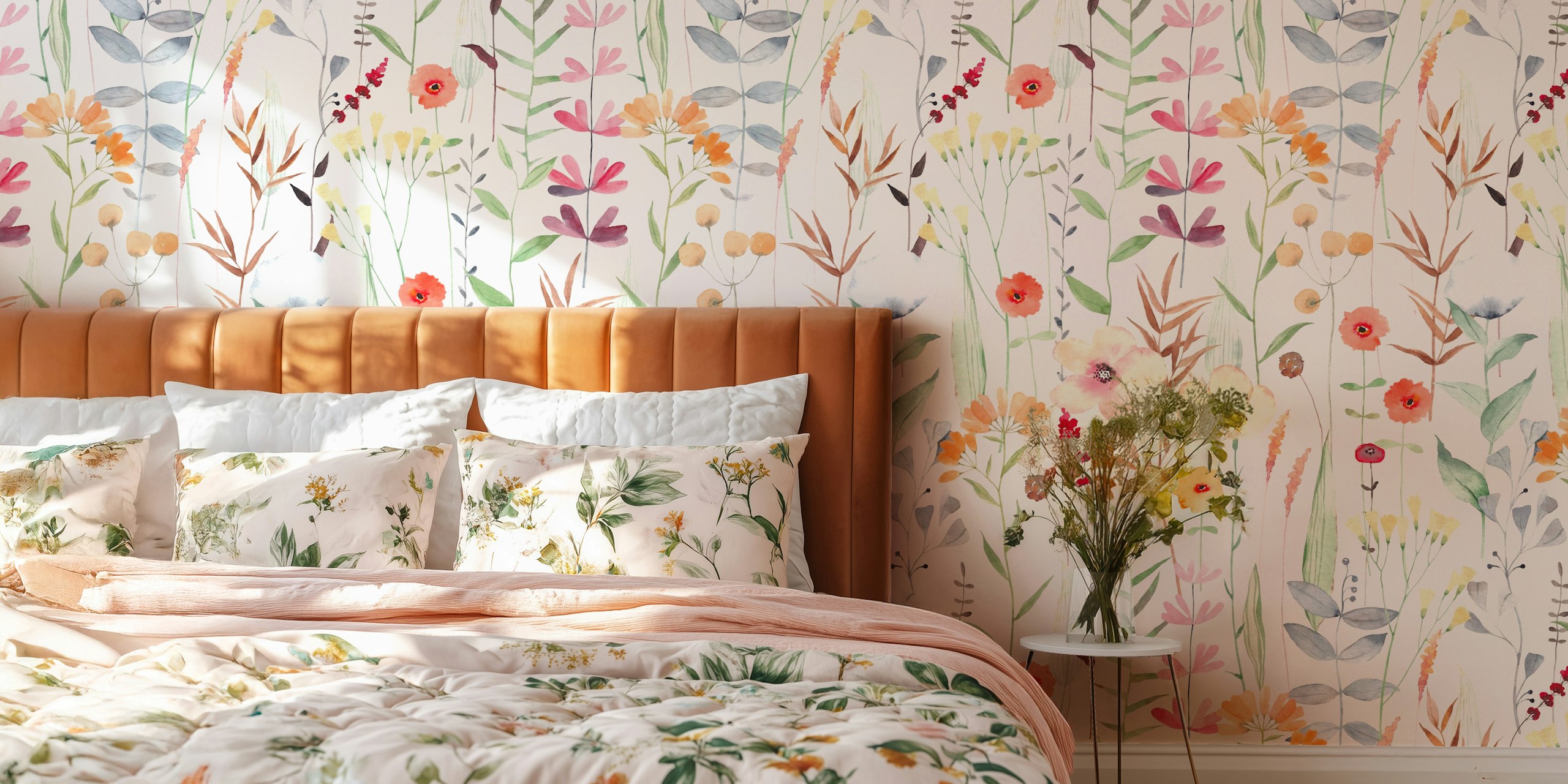Colorful watercolor flowers in soft hues on white wallpaper