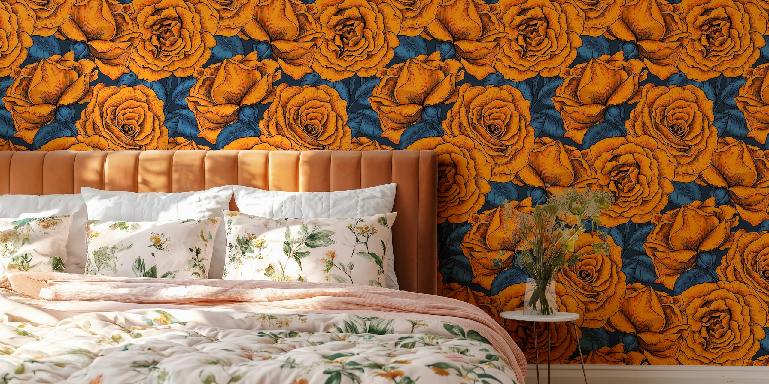 Orange roses with blue leaves wzór tapety