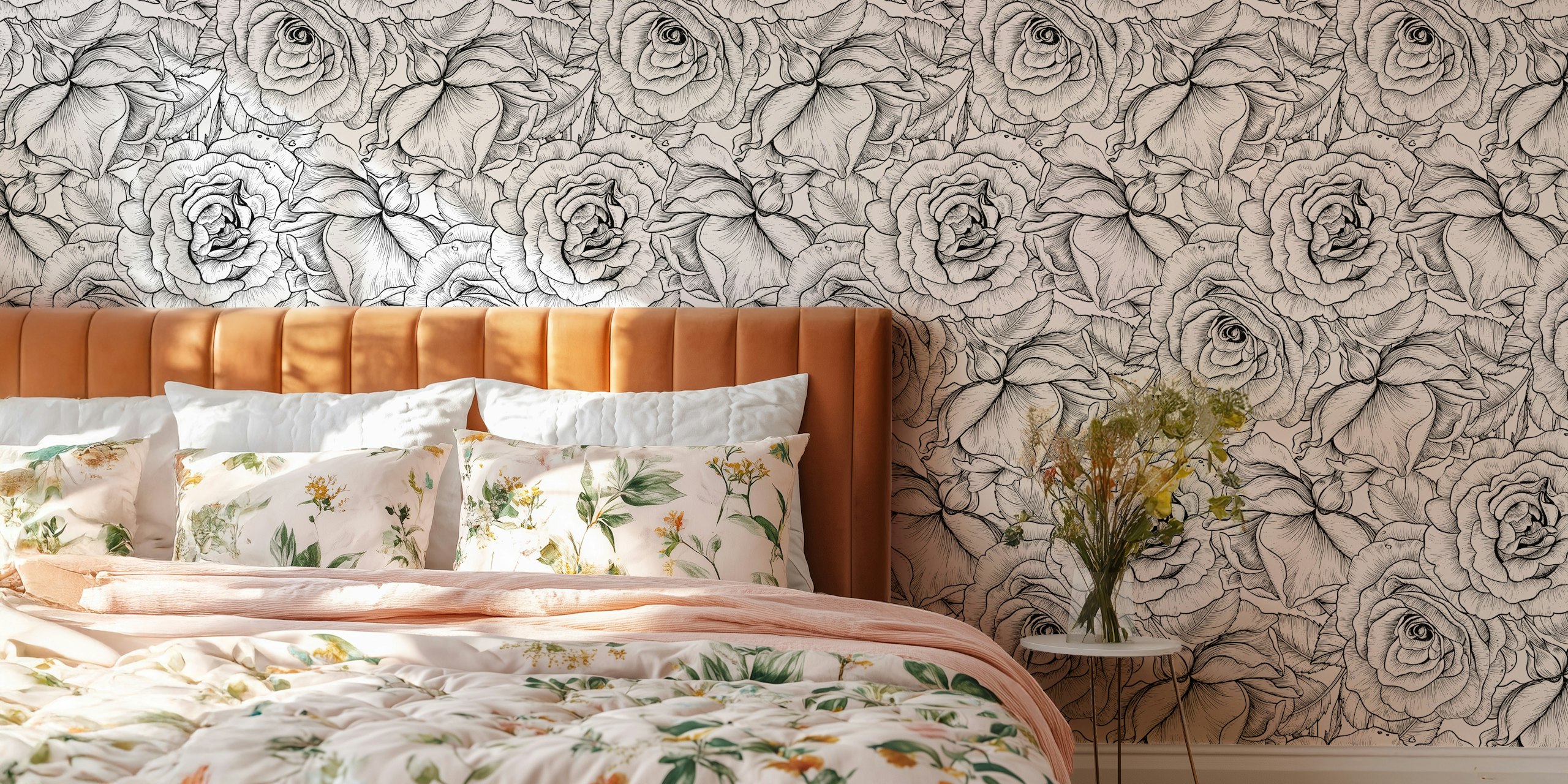 Black and white floral rose pattern wallpaper