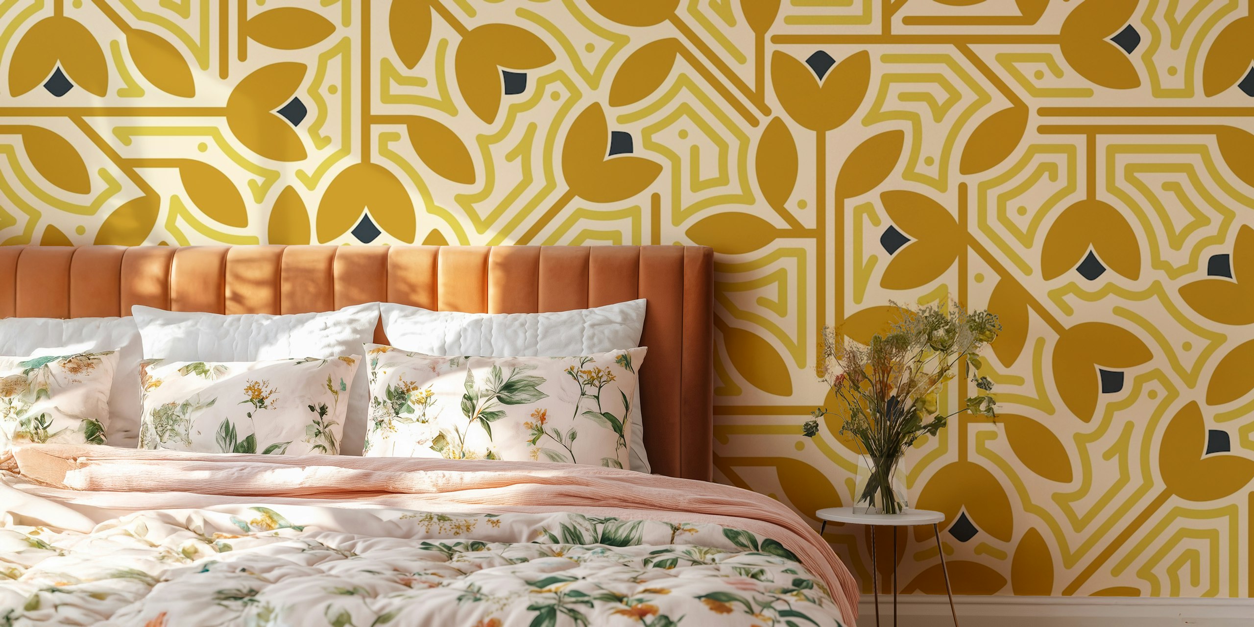 geometric leaves and flowers mustardyellow papel de parede