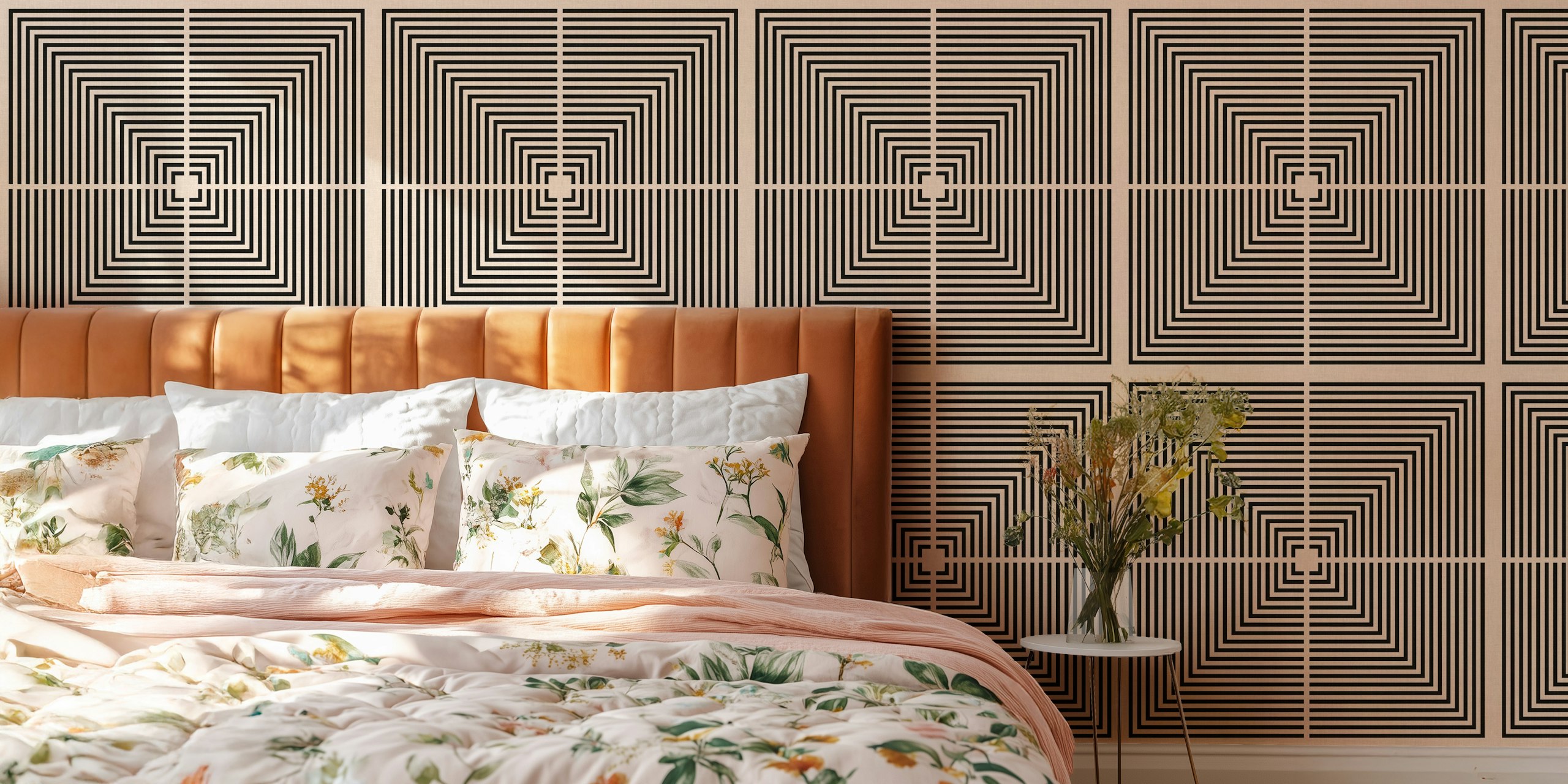 Geometric lined tiles Tapete in einem Raum präsentiert