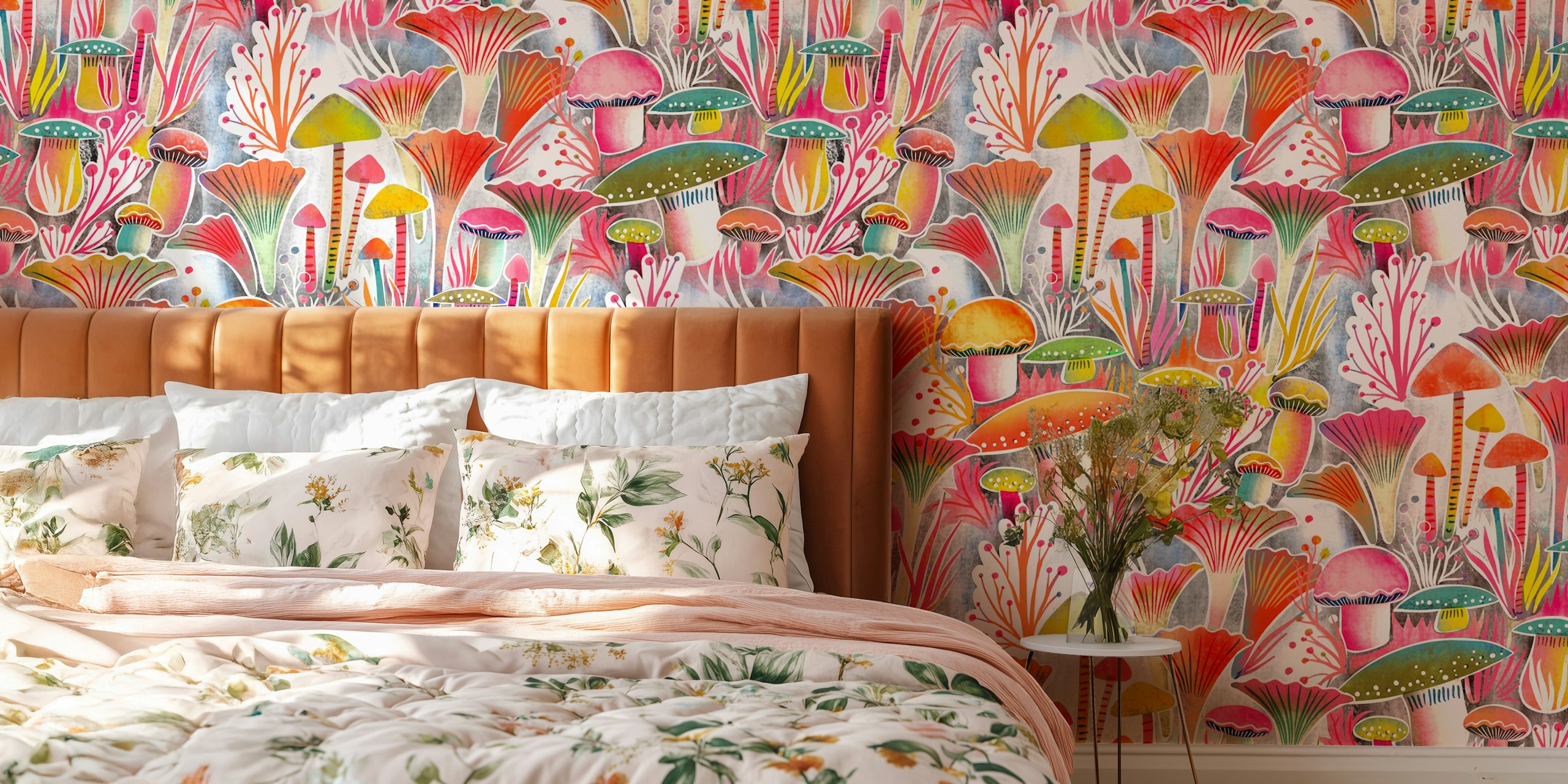 Colorful mushroom forest design featuring pink and green mushrooms, modern watercolor wallpaper