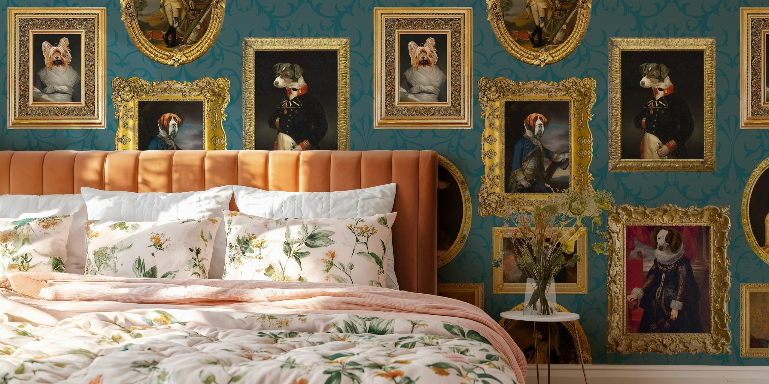 Whimsical dog wallpaper en una habitación elegante