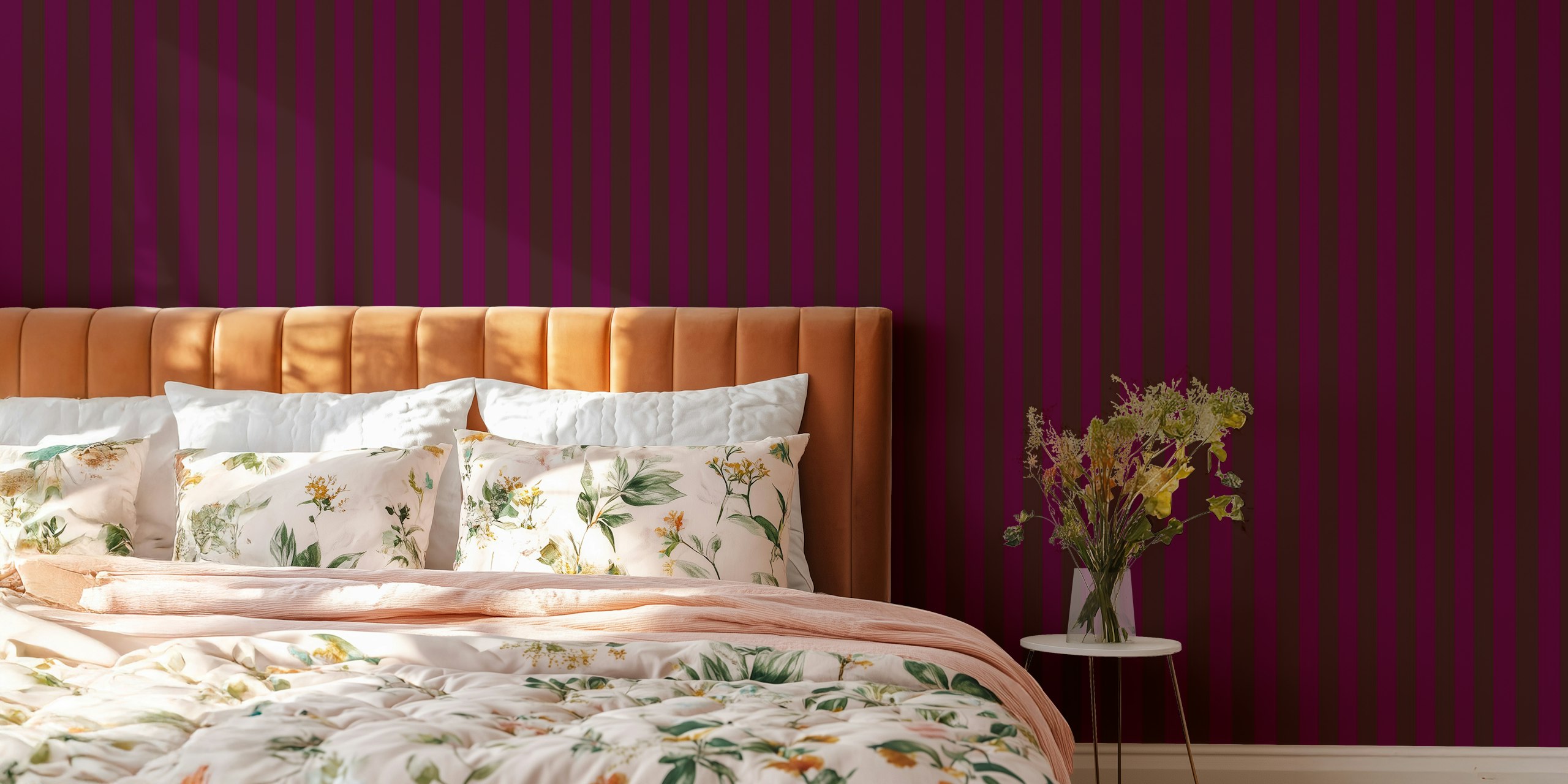 Vertical striped wall mural in magenta and brown for home decor
